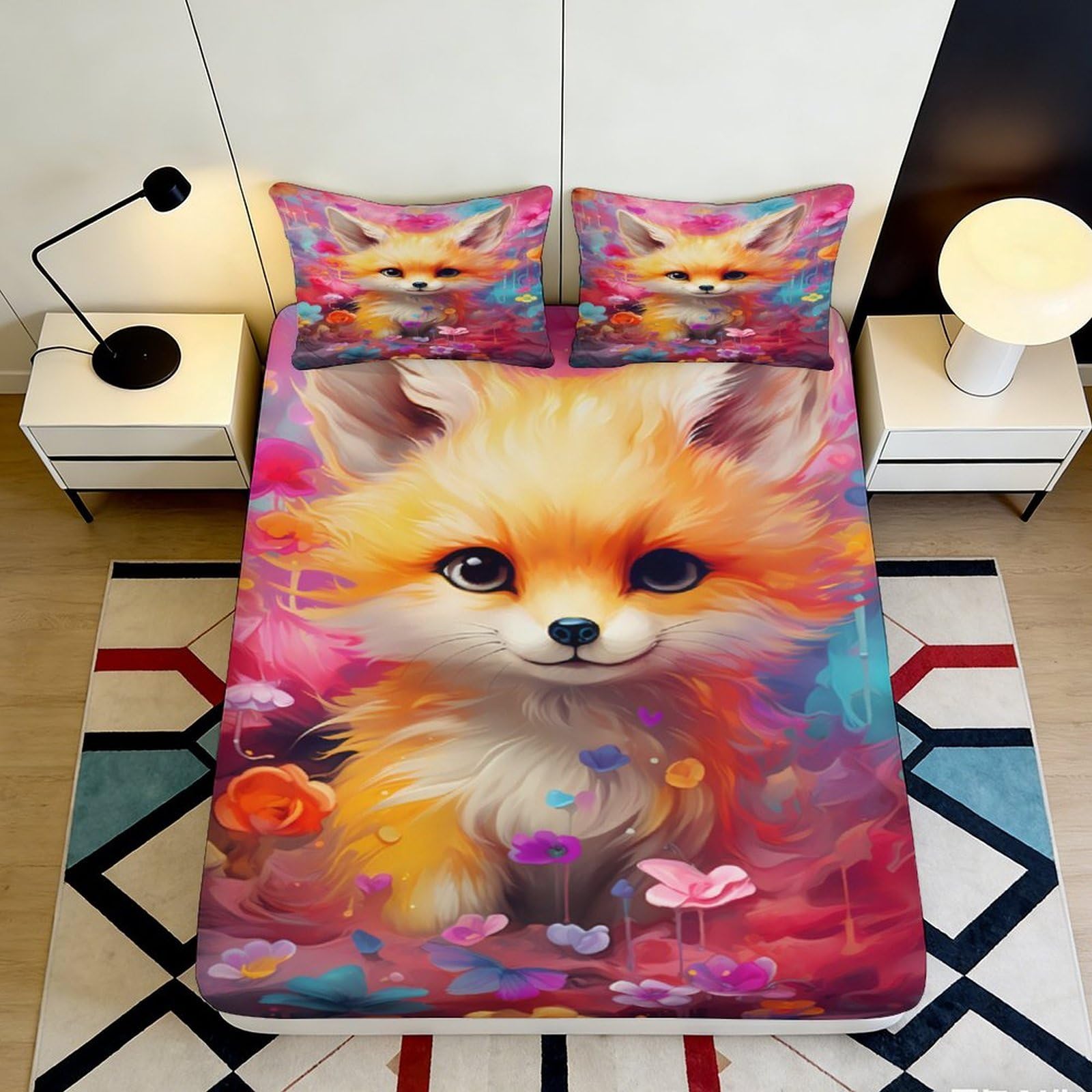 3D Printed Fox Pattern Fitted Sheet Microfiber Deep Pocket Bedroom Bedding Fox Mattress Fitted Cover Non-Slip for Adults Teens 200x200x25cm 90x200x25cm