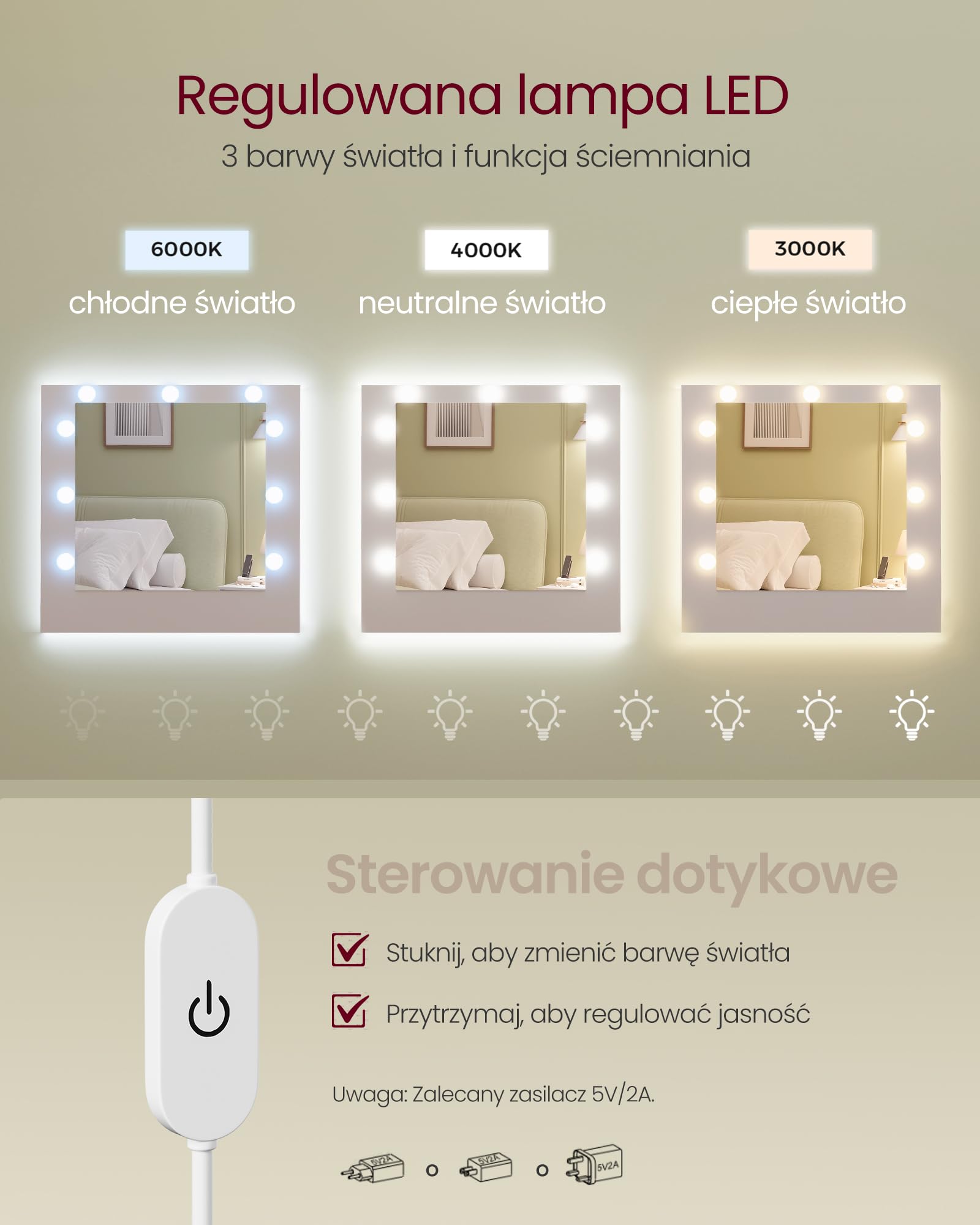 VASAGLE Kolekcja KAILYN – Toaletka z lustrem i oświetleniem LED, listwa zasilająca, 2 szafki, 9 ściemnialnych żarówek, 3 barwy światła, szyny przesuwne bez użycia narzędzi, biały chmurowy RDT142WB02