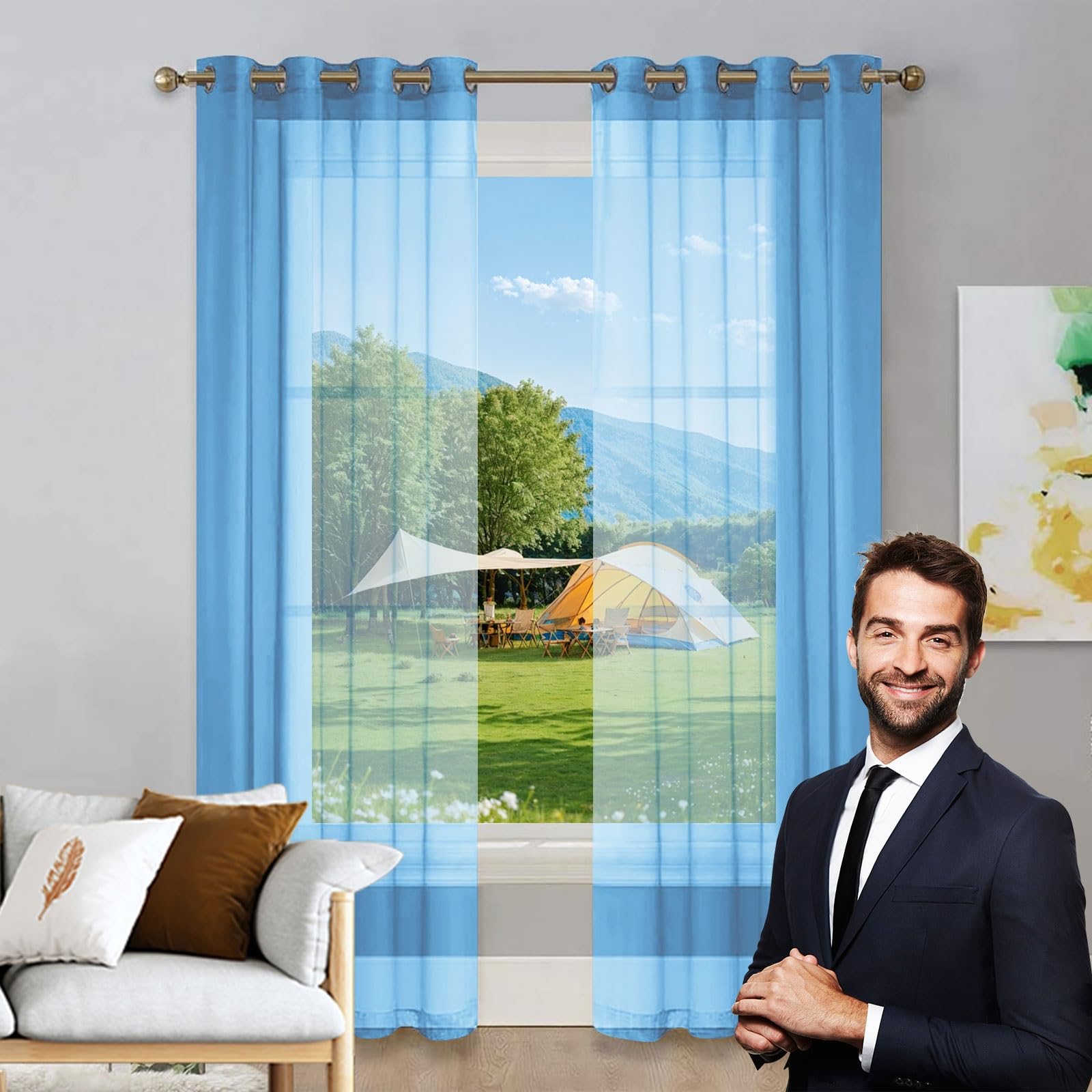 Rideau court demi transparent bleu ciel 225x270 en tulle polyester souple