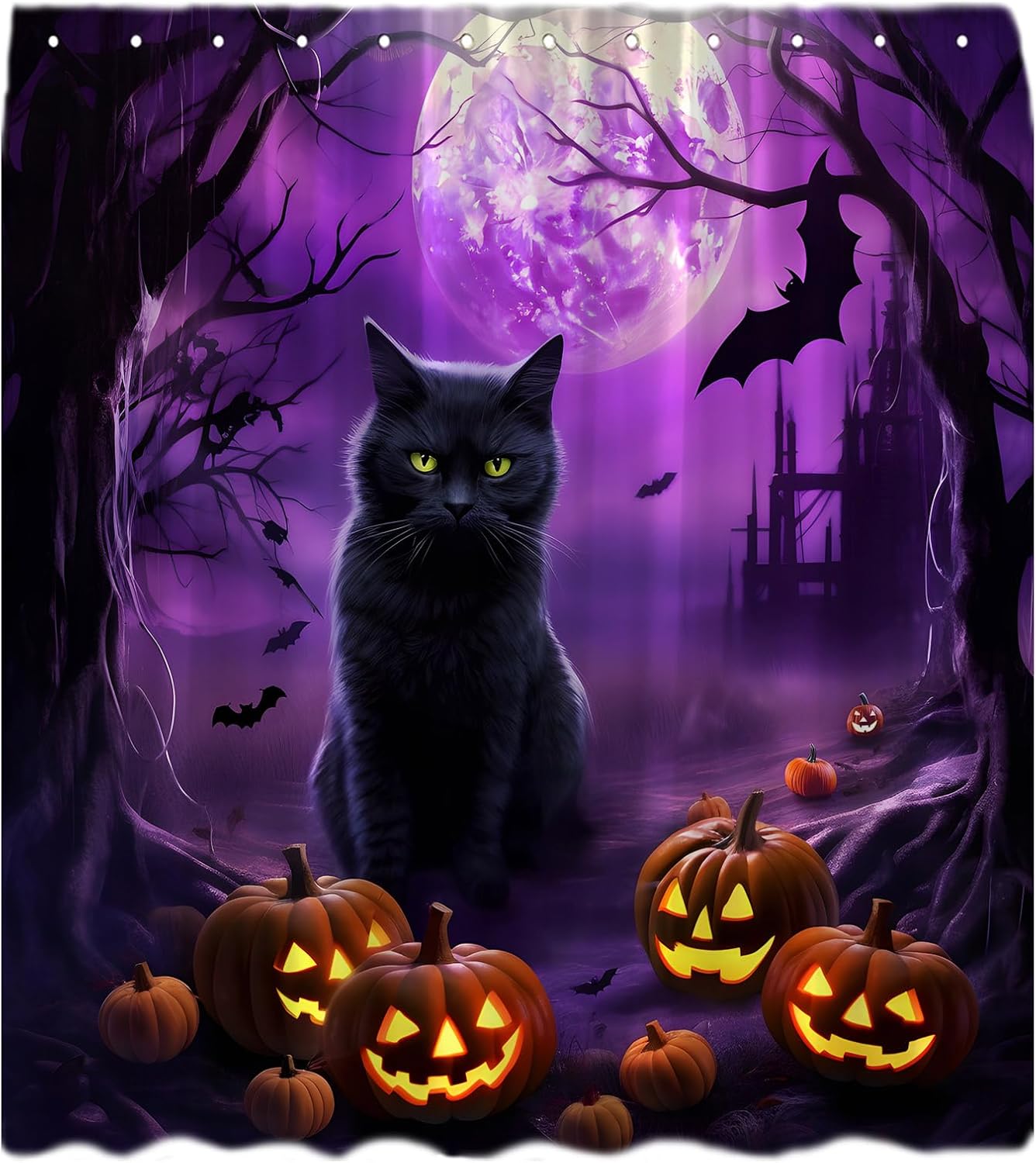 Halloween Shower Curtain Purple Scary Night Black Cat Bat Horror Castle Full Moon Black Dead Tree Haunted House Pumpkin Courtyard Gothic Spooky Fabric Bathroom Curtain Set with Hook