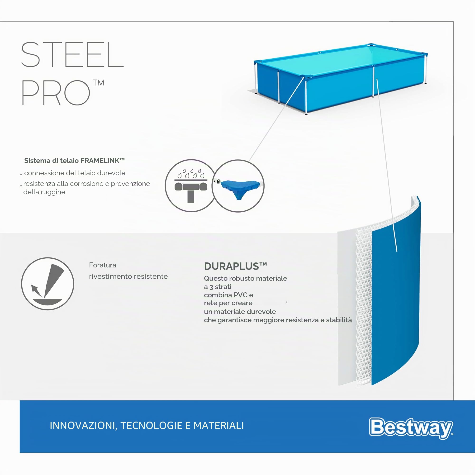 Bestway 56401-3 Piscina Fuori Terra Steel Pro Rettangoalre da 221x150x43 cm