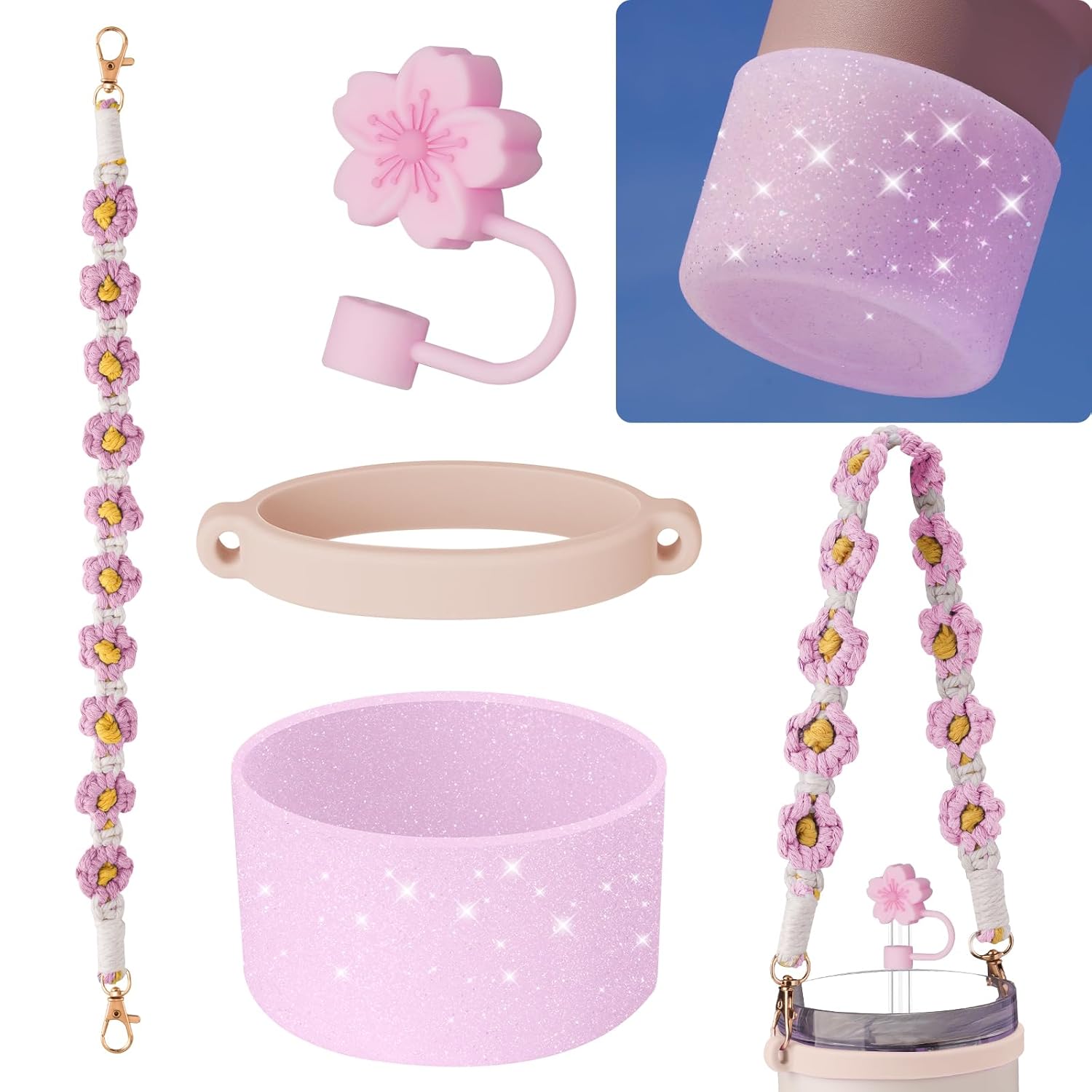 NiHome Pink Accessory Set for Stanley Tumblers 20oz 30oz 40oz Cups Includes Silicone Ring Color-Coordinated Handle Straw Plug