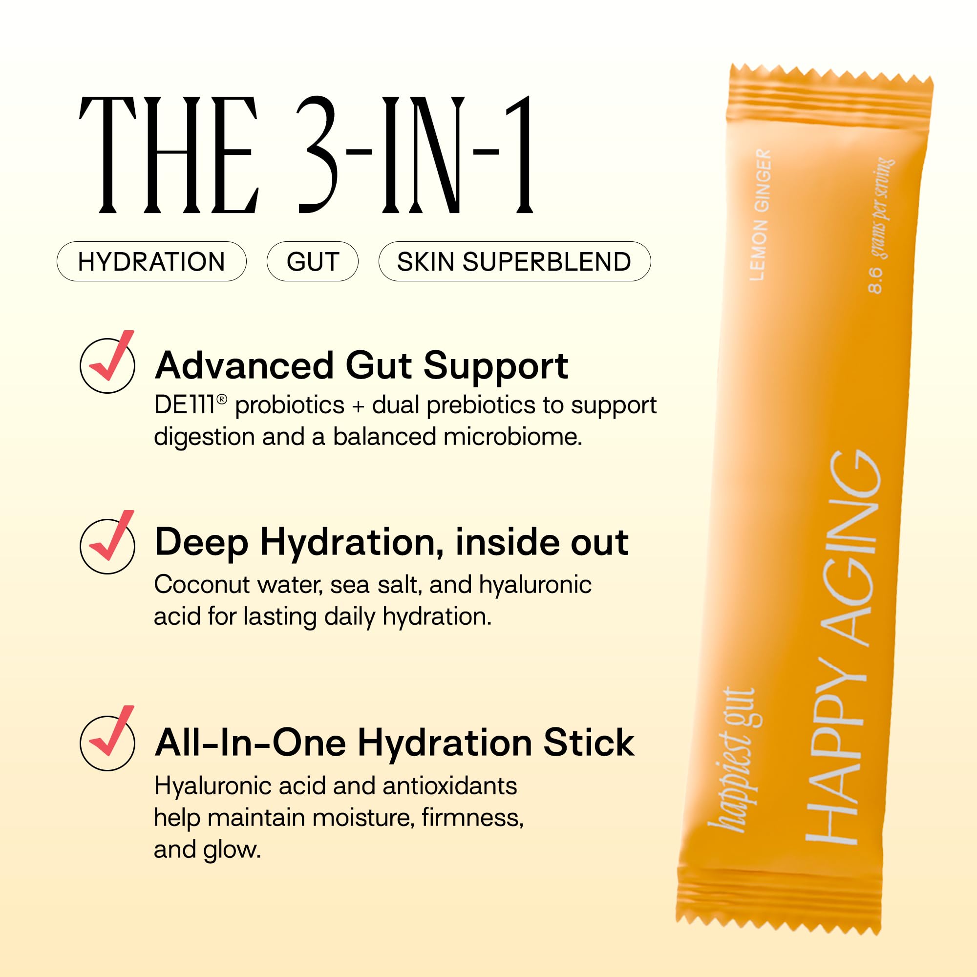 Happy Aging Happiest Gut Electrolytes Powder Packets for Women - Sugar Free Hydration Powder, Probiotics + Dual Prebiotics + Hyaluronic Acid - Zero Sugar Drink Mix, Lemon Ginger, 12 Sticks — Amazon image 2
