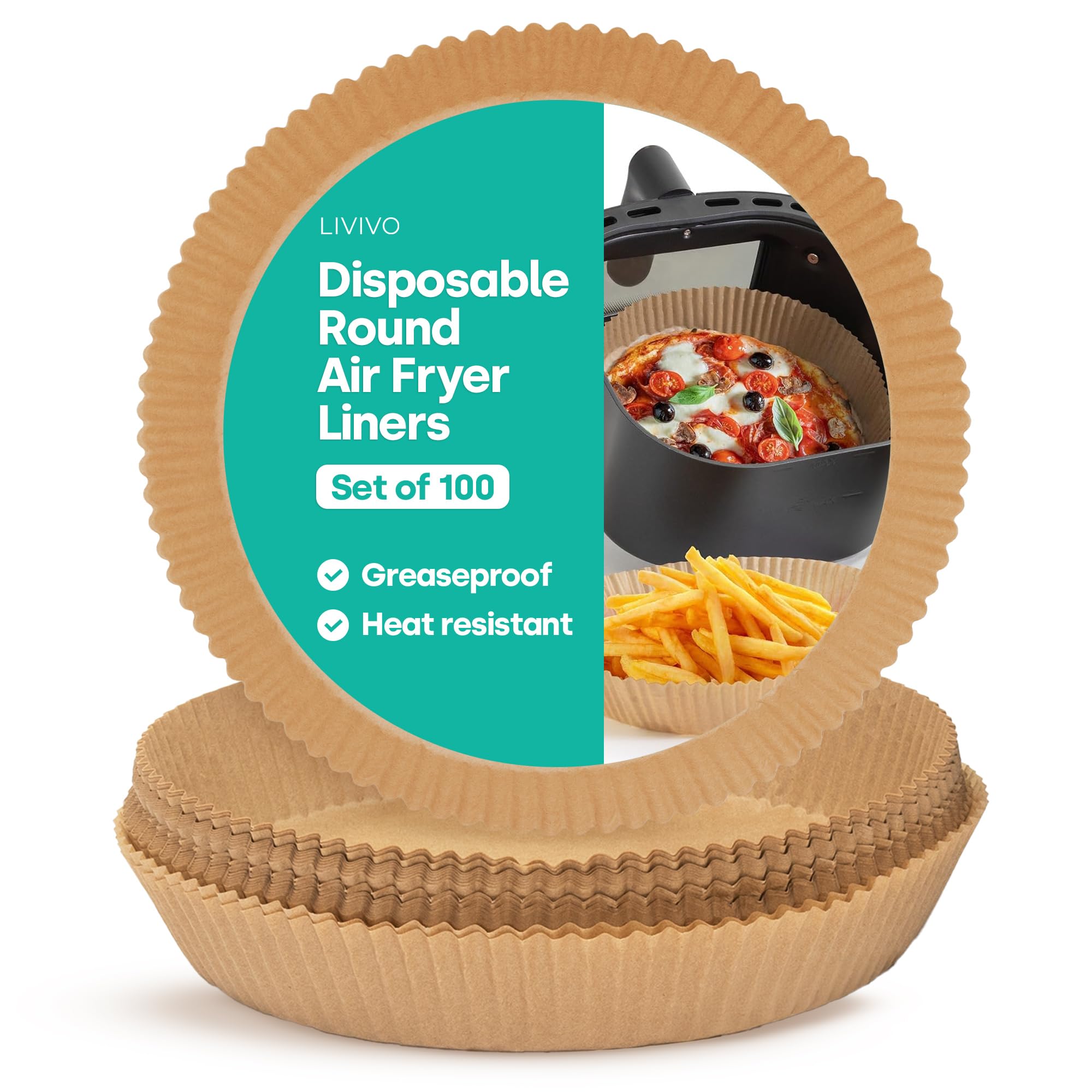 Livivo Disposable Round Air Fryer Liners - Disposable, Greaseproof, Heat Resistant to 220°C, Food Grade LFGB Standard - Pack of 100