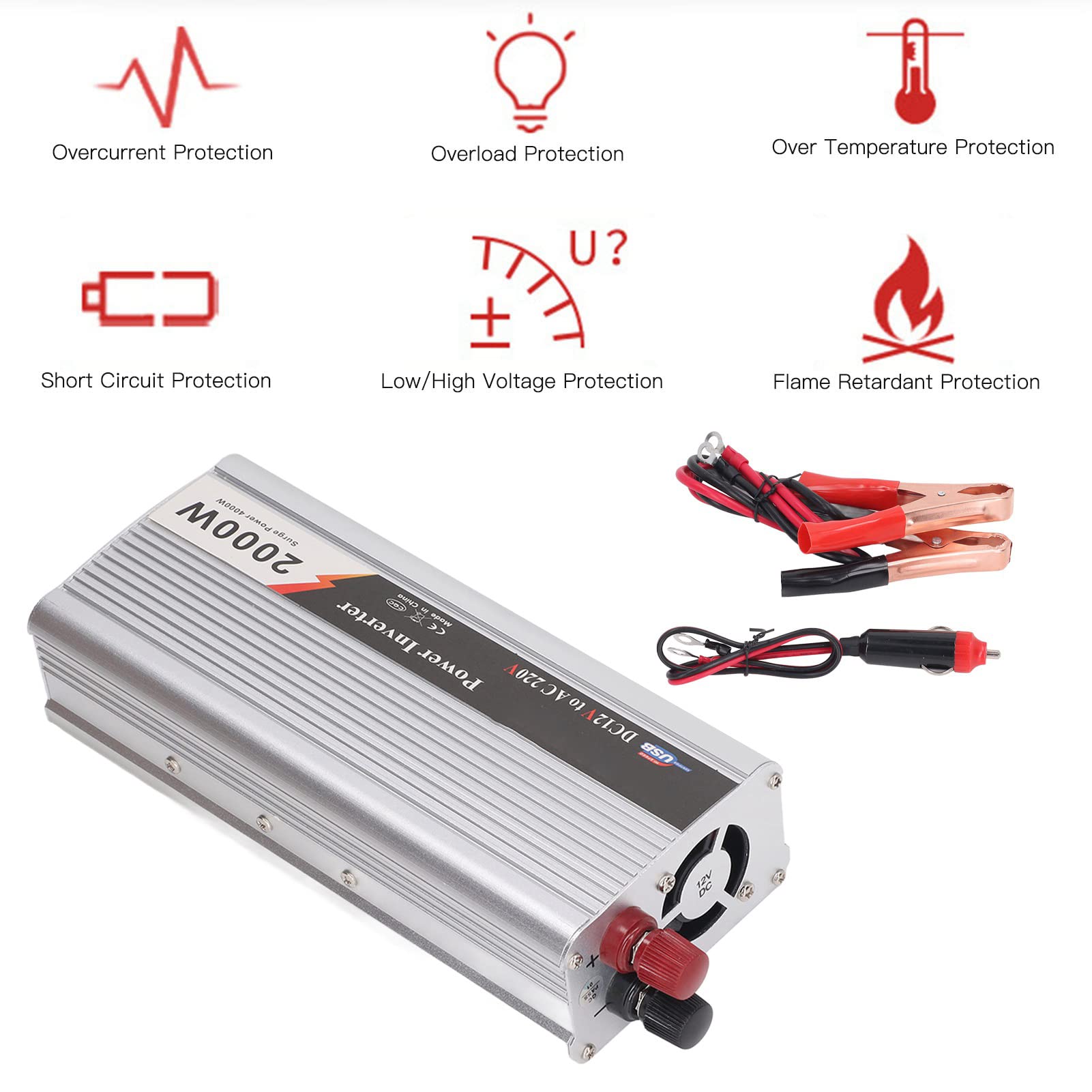Przetwornica Napięcia 2000 W DC 12 V do AC 220-230 V Przetwornica Samochodowa z Wyjściem USB 5 V Przetwornica Sinusoidalna