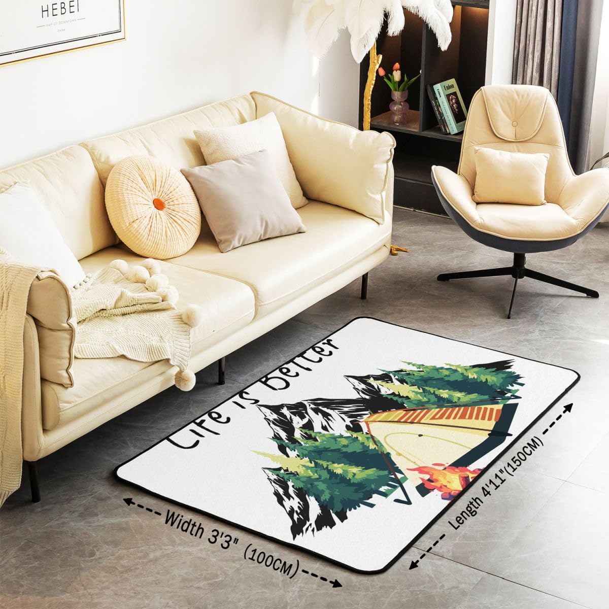 Homewish Camfire namiot glamping dywaniki 150 x 200 cm - czarny przydymiony górski kemping dywan do salonu obóz sosny nie gubi włosia dywan kamper dekoracja vintage duże dywany