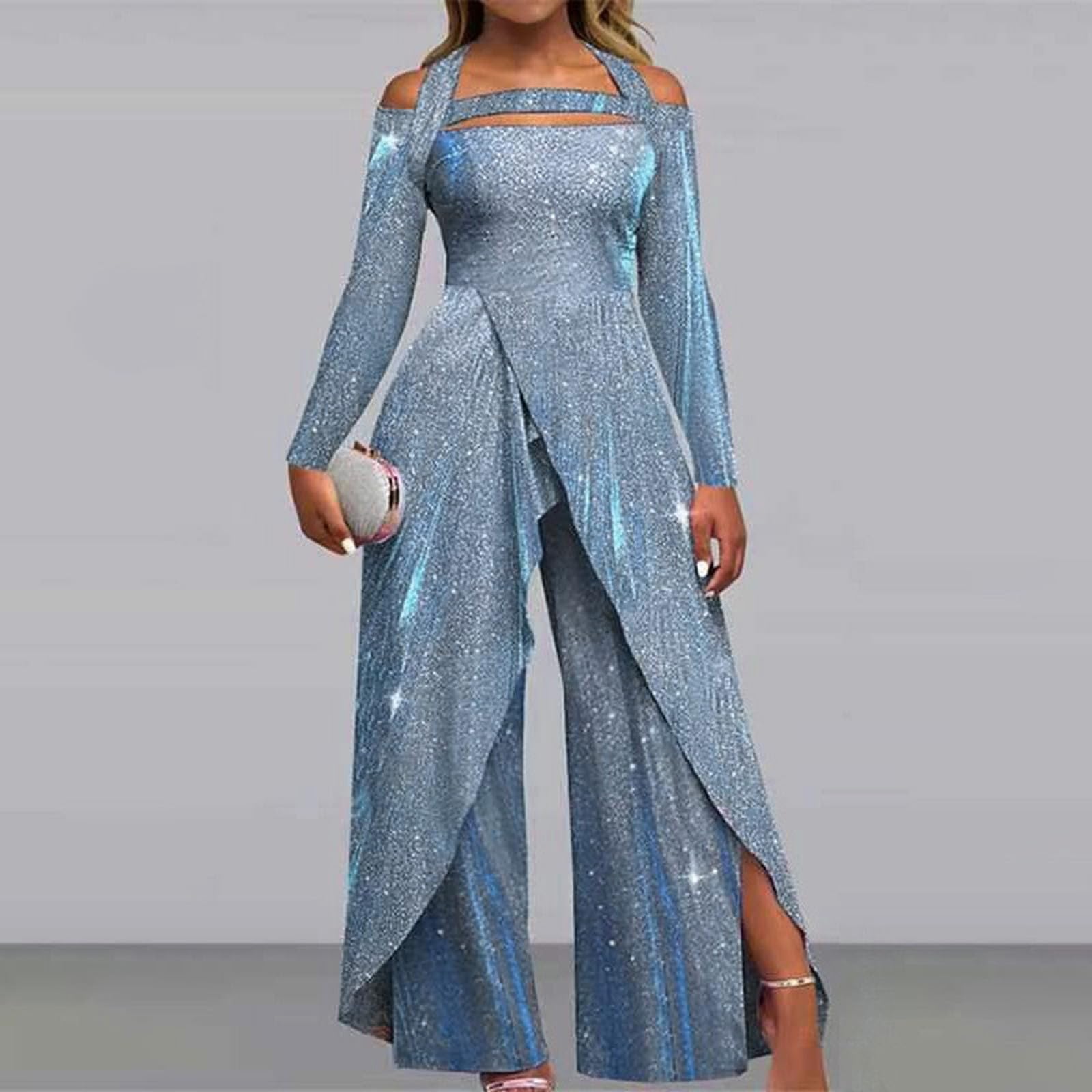 Generisch Mono para mujer, monocolor, cuello en V, elegante, para boda, fiesta, pierna ancha, ajuste regular, vestido de manga larga