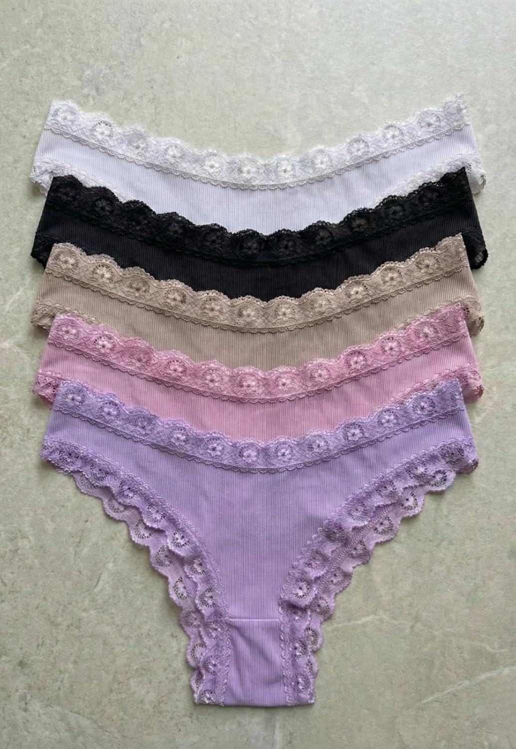 Ribbed Lace Brazilian Panties for Women – Soft Microfiber Bikini with Cotton Gusset, No-Show, 5 Pack