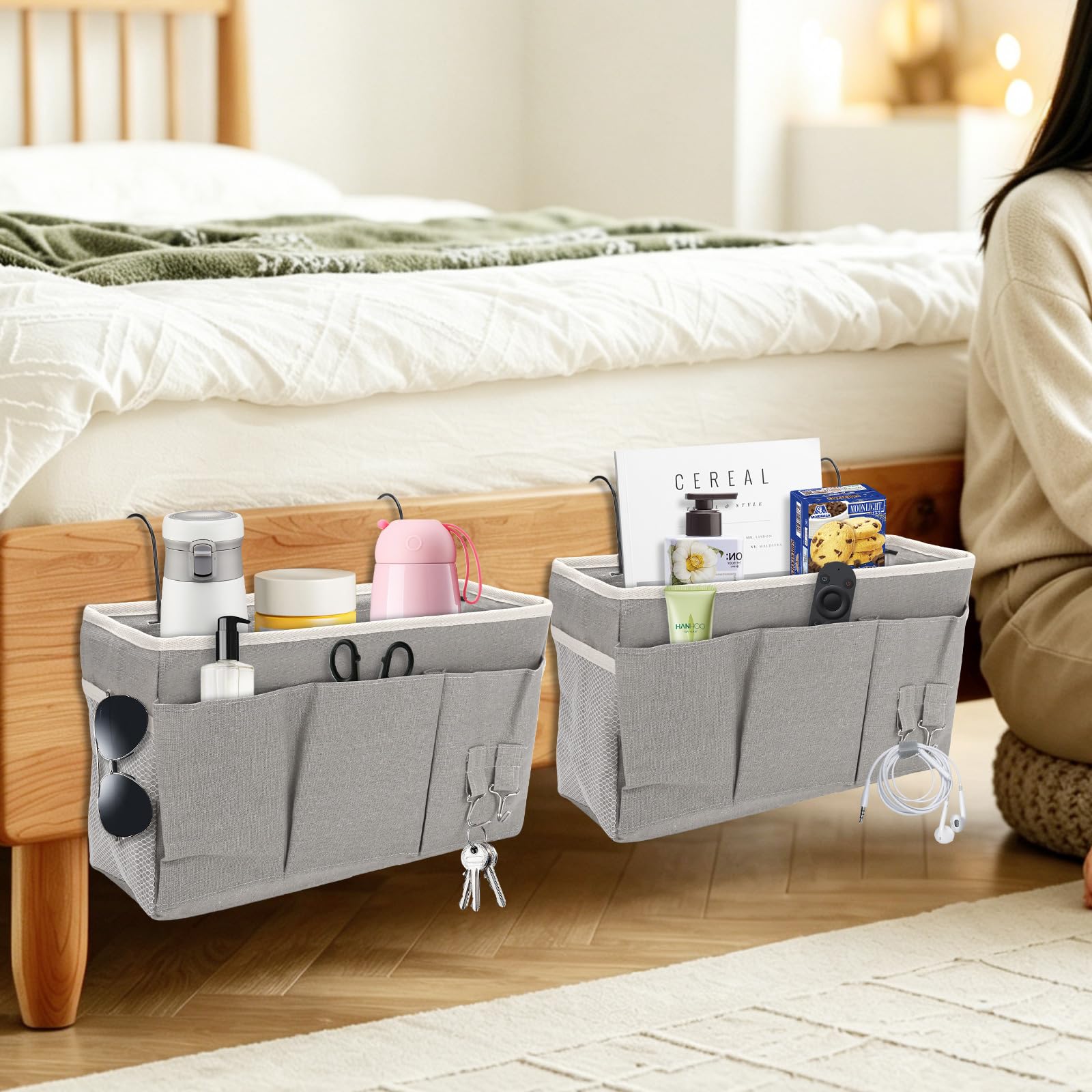 2pcs Confezione da Organizer da Appendere per Comodino con 3 Scomparti, Organizer da Appendere, Organizer da Porta, Mensola da Appendere, Borsa da Letto per Scuola, Dormitorio (Grigio)