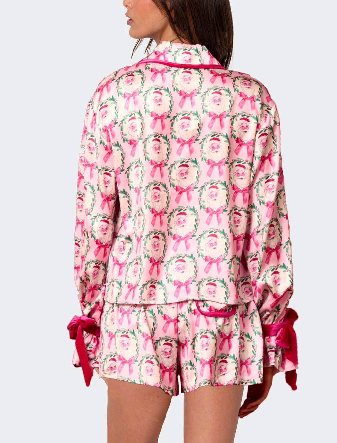 Silk Christmas Bow Pajamas for Women Cute Xmas Satin 2 Piece Santa Bow Tie Pjs Long Sleeve Shirt Ruffle Shorts Sets - Image 3