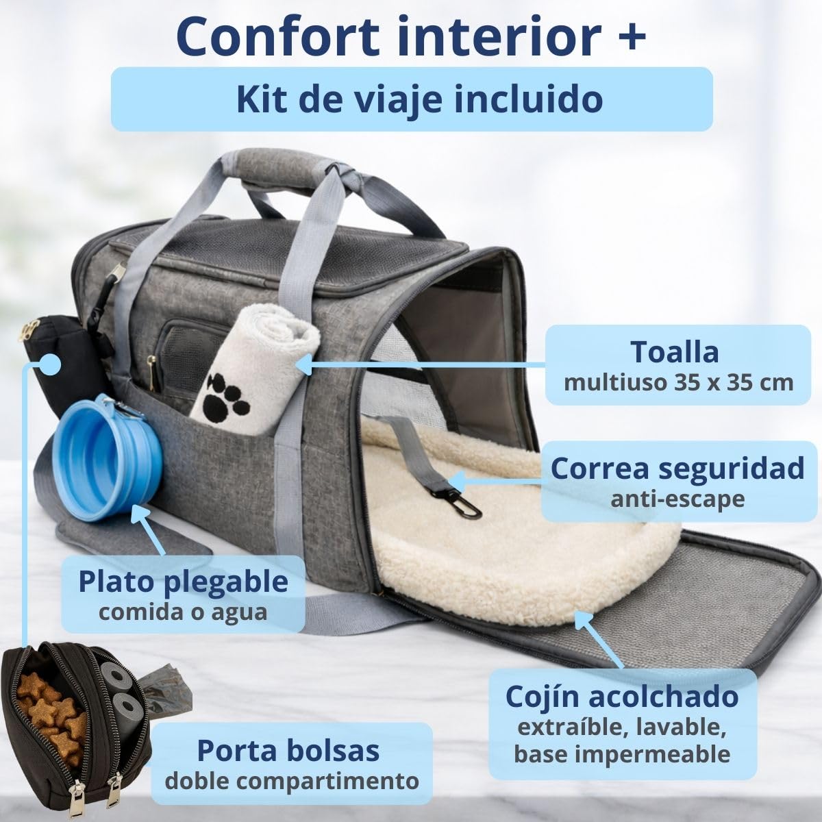 Transportin Gato con ventilación 360° y colchón Suave, Incluye Kit de Viaje con Plato Plegable, Toalla y Porta Bolsas, Seguro para Coche o avión Cabina, transportin Perro pequeño | Gris
