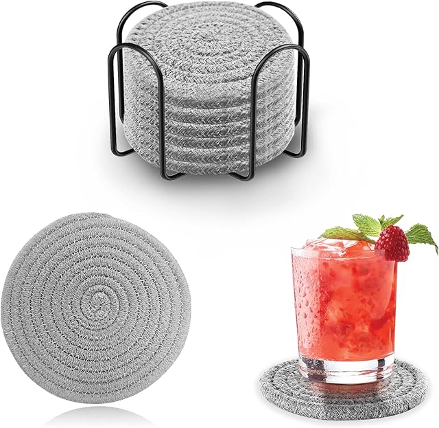 Drink Coasters Set of 6 with Holder Absorbent Handmade Braided Coasters, Scratch Resistance Decorative Drink Mats Coasters Braided Rope Cup Coasters, Gray