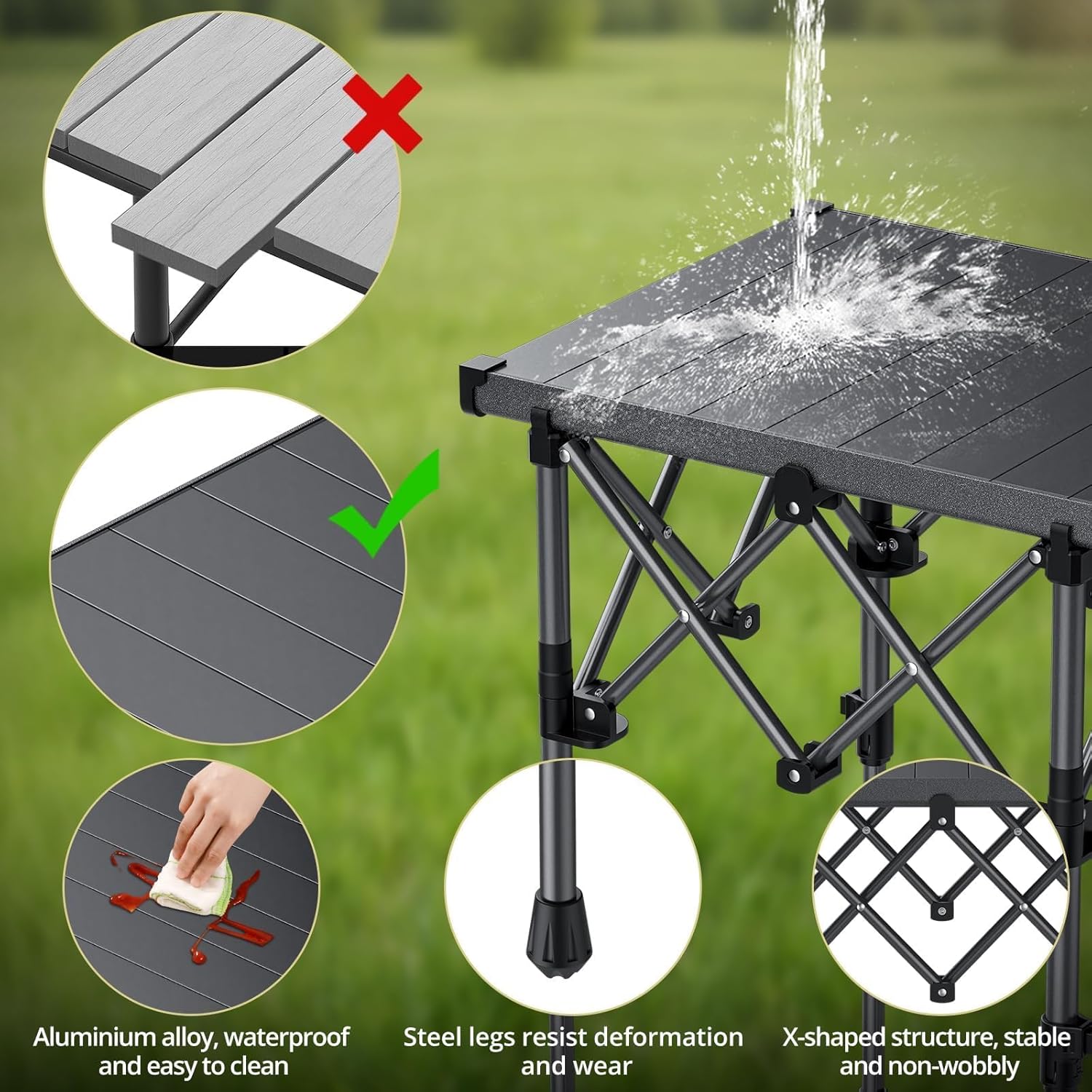 Anbte Folding Camping Table, 2 Height Adjustable Small Camping Side Table Aluminum Roll Top with Carry Bag, Stable X-Frame for Outdoor Cooking, Tailgating Picnic BBQ RV Travel, 20”x16”, 264lbs Load