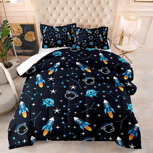 Miniatura 2 de BailiPromise Juego de edredón de tamaño individual, diseño de cielo estrellado, diseño de espacio exterior, dibujos animados, para niños y niñas, 1