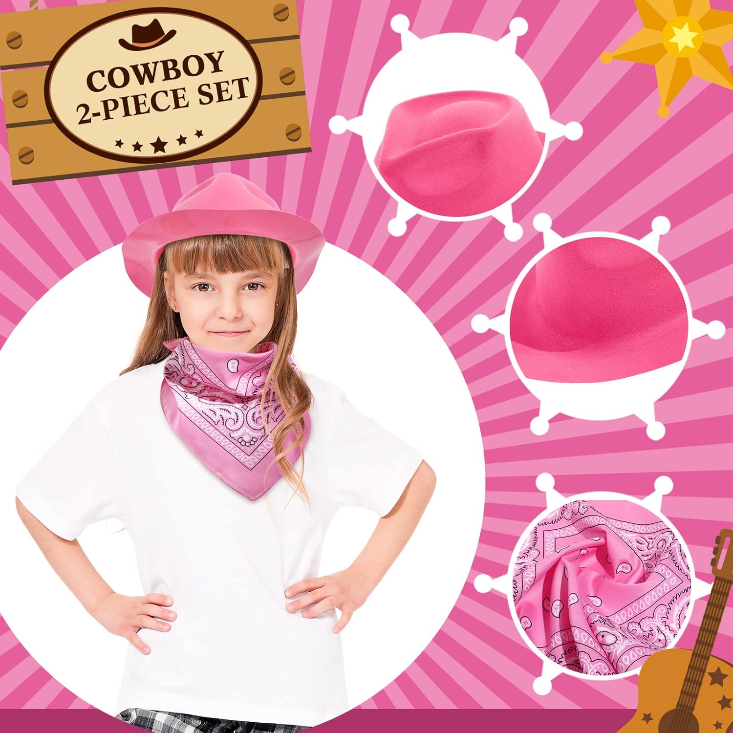 Crowye 48 Pack Western Cowboy Hat and Bandana Set, Pink Felt Cowgirl Themed Party Hats with Paisley Bandanas for Western Costume Party