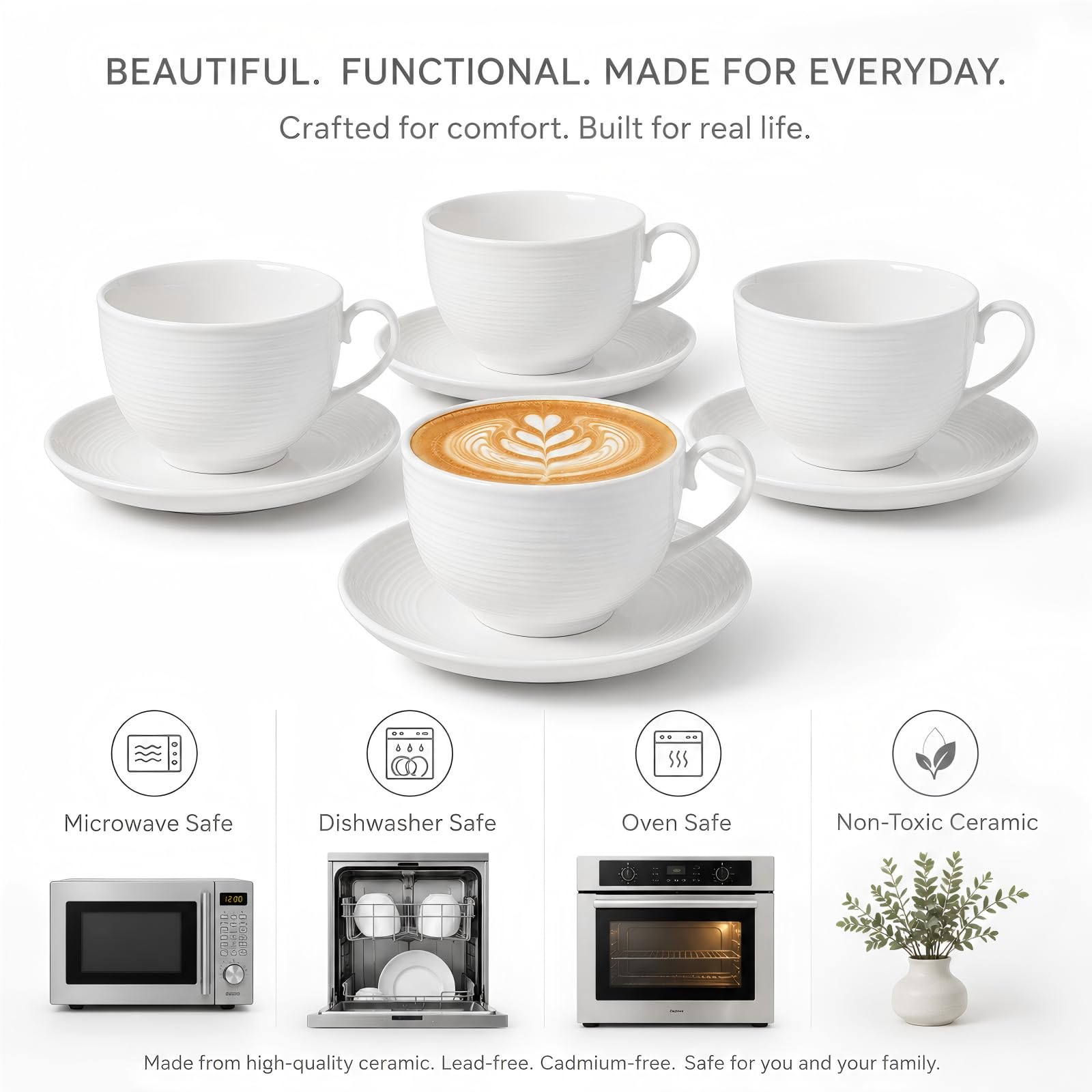 Juego de 4 tazas de café con platillos, tazas de capuchino (12 onzas), tazas de té blanco de cerámica con platillos, aptas para microondas y lavavajillas, para el hogar, cafetería