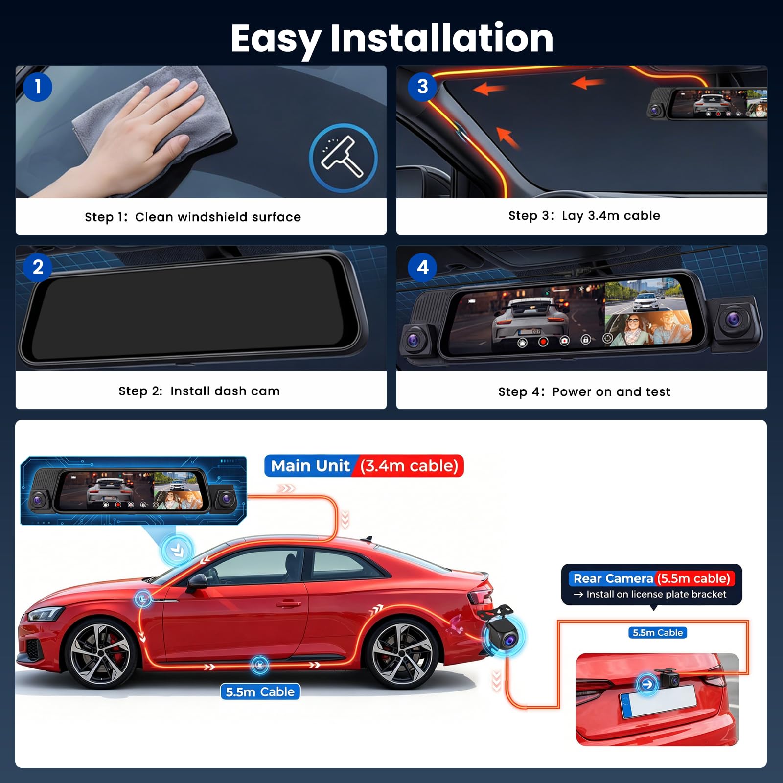 10" Espejo Retrovisor Dashcam Pantalla Tácti, Delantera Trasera Izquierda y Derecha 4cámaraStreaming Media con Tarjeta 64 G Lente Doble Súper Visión Nocturna, G-Sensor/Grabación en Bucle