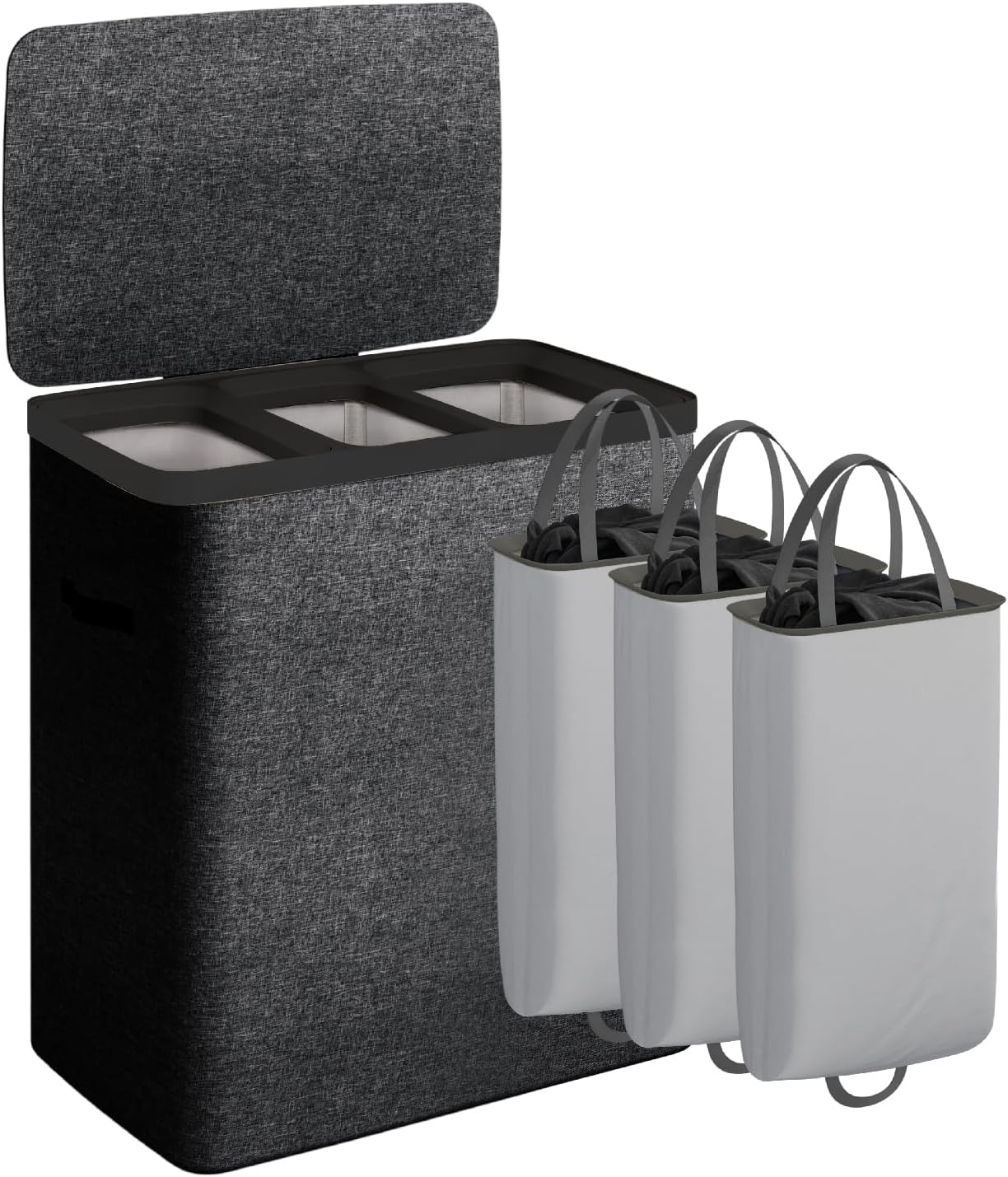 Laundry Basket with Lid, Laundry Hamper 3 Section, 190L collapsible Laundry Organizer, Easy Assembly,with Handles and Removable Liners, 25.2 x 15.7 x 29.5 Inches, Black JSP904B