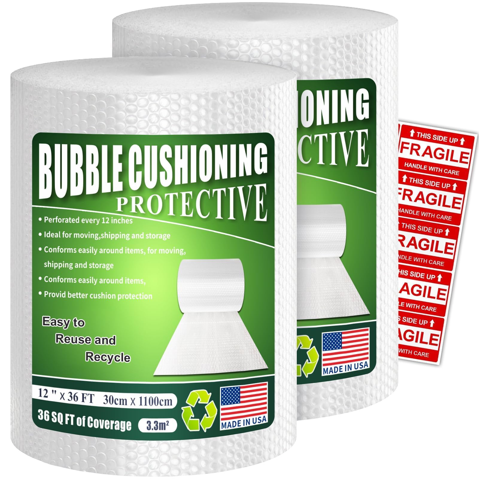 A A Heavy-Duty Bubble Wrap Cushioning Roll 2 Pack x12 x36 Perforated Every 12 Tear-Resistant Packing Wrap for