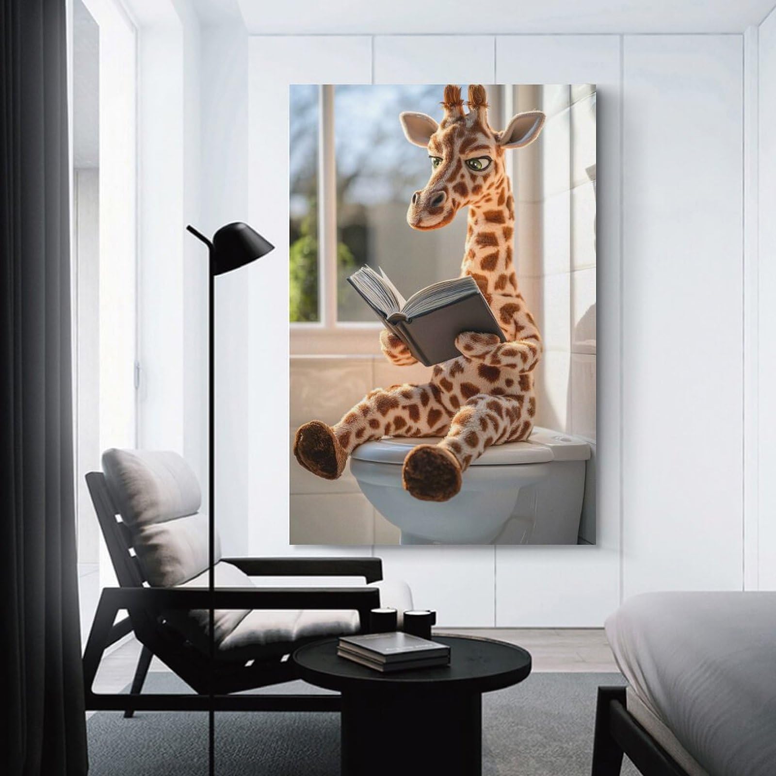 Junmoney Hanging Wall Art Giraffe Reading on The Toilet, 24x36inch(60x90cm), for Wall Displays, Bedrooms Or Room Updates, Wall Decor Suited to Curated Displays