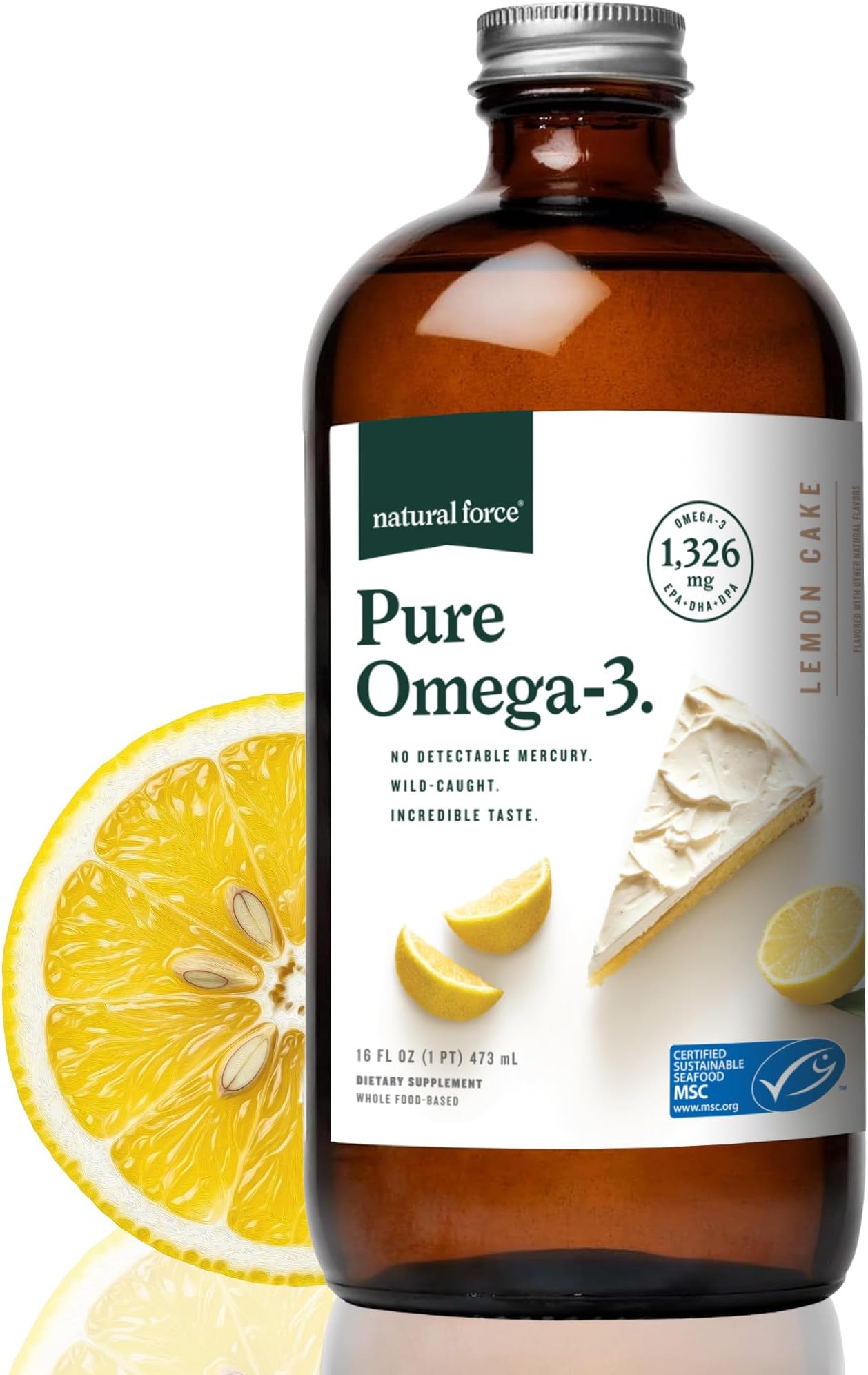 Natural Force Pure Omega 3 - Liquid Fish Oil - Delicious Lemon Cake Flavor - Mercury Free, Wild Caught, Lab Tested - 1,326 mg Triglyceride EPA, DHA, & DPA - 16 Oz Glass Bottle