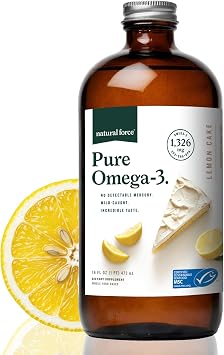 Natural Force Pure Omega 3 - Liquid Fish Oil - Delicious Lemon Cake Flavor - Mercury Free, Wild Caught, Lab Tested - 1,326 mg Triglyceride EPA, DHA, DPA - 16 Oz Glass Bottle