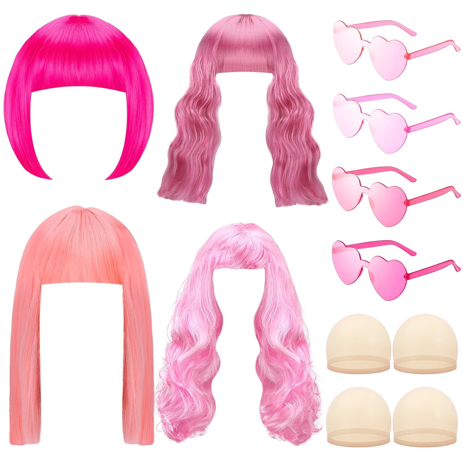 48 Pcs Colored Wig Set,16 Pcs Wigs and Cap Set with Heart Shape Sunglasses,Long Curly Wigs,Short Bob Hair Wig for Bachelorette Neon Party Favors