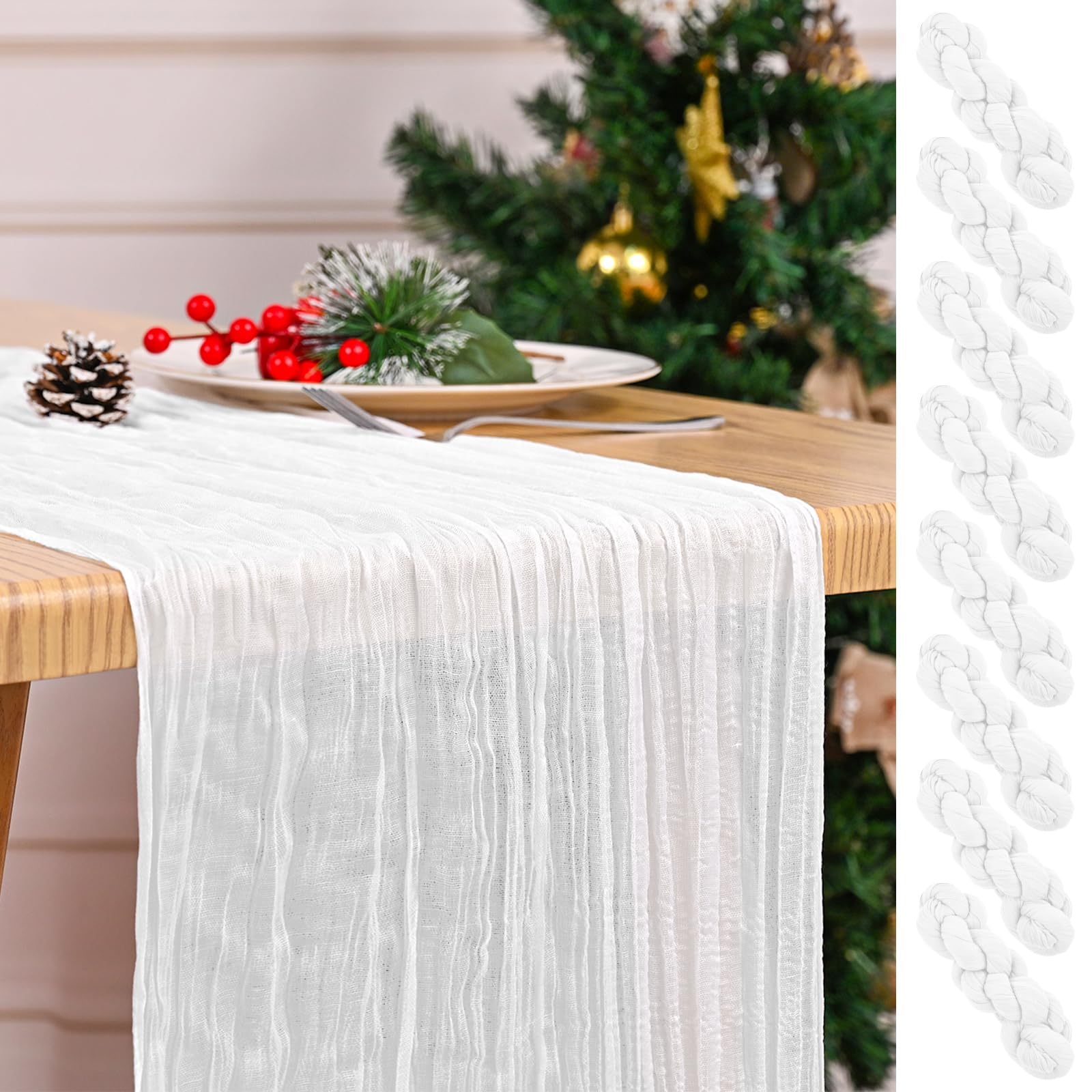 8 Pack White Table Runner 17 x 108inch Cheesecloth Table Runner Boho Gauze Table Runners for Dining Table Rustic Sheer Fabric Table Runners for Wedding Party Bridal Shower Spring