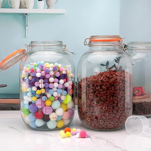 Miniatura 4 de Encheng Tarros redondos de vidrio de 1 galón con tapas con bisagras, tarros de vidrio de boca extra ancha con cuchara y marcas de medición,