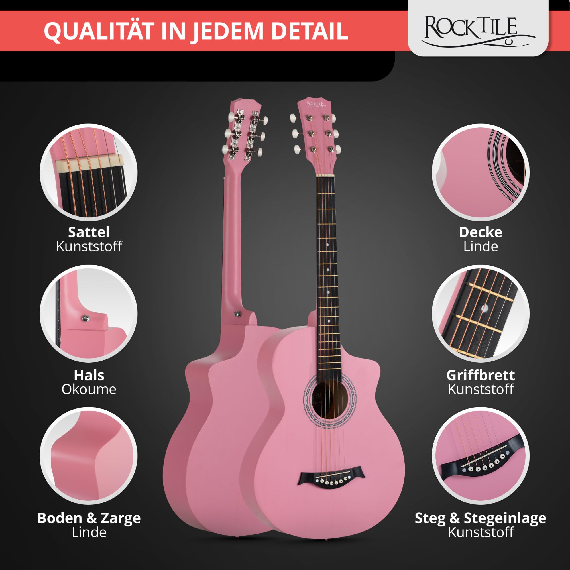 Rocktile WSC-4C-PK Chitarra Western Rosa, Generale, Modello: WSC-4C-PK | Peso: 1, 38 kg, Numero di corde: 6, Orientamento: Destrimano, Corpo, Forma del corpo: Concert con cutaway, Tavola: Tiglio