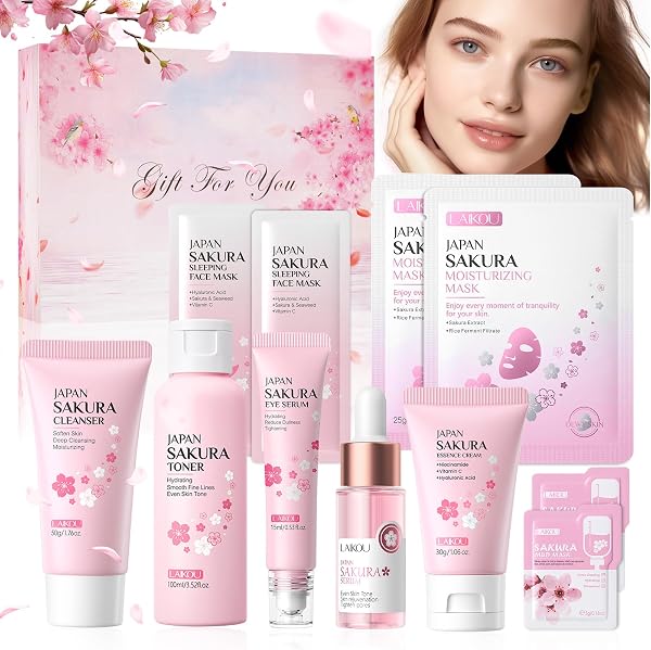 Zestaw do pielęgnacji twarzy, 11 sztuk, zestaw do pielęgnacji skóry Sakura z tonikiem, środkiem czyszczącym, kremem do t