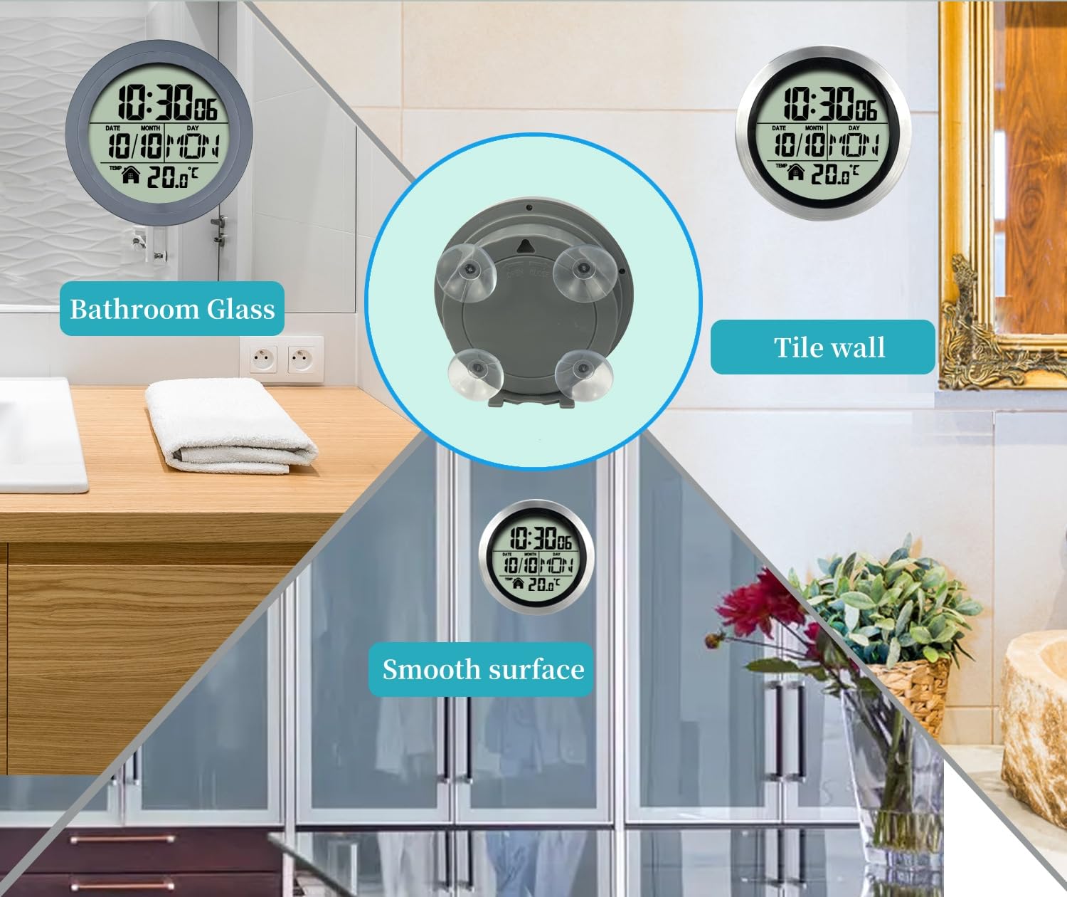 Reloj Digital de Ducha con Pantalla LCD, Impermeable Decoración de Pared Silenciosa, Ventosa con 4 Ventosas, Muestra la Hora Temperatura Fecha Día de la Semana para Baño Dormitorio