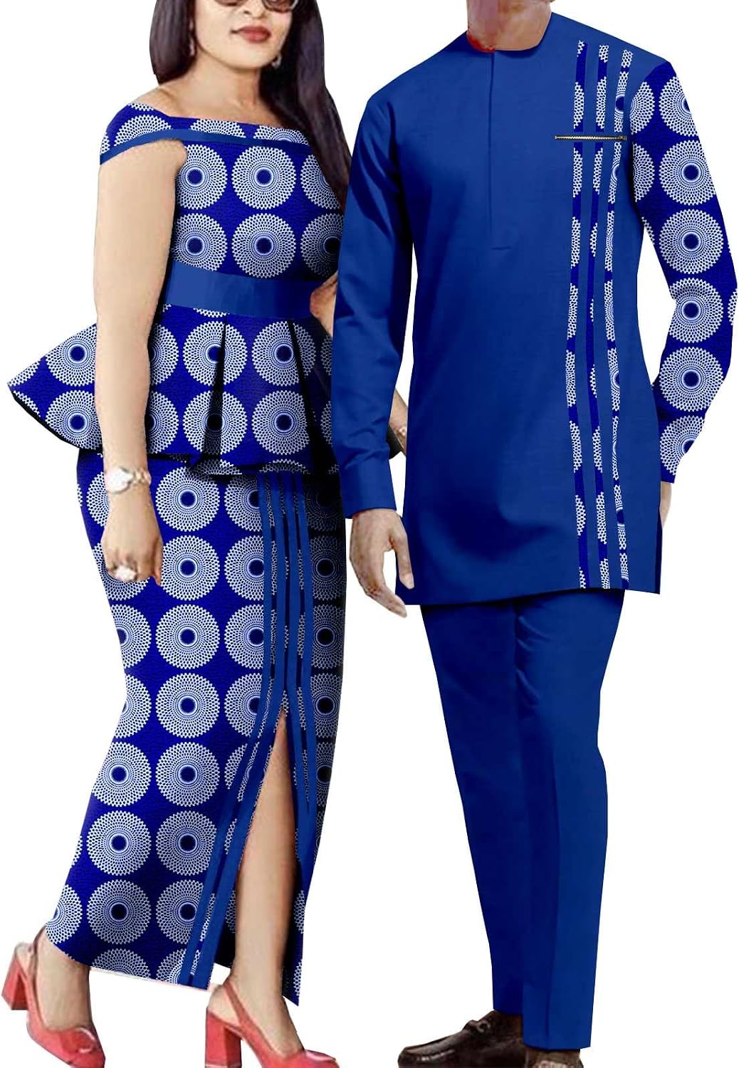 Dashiki African Dresses for Women Top and Split Skirts Matching Men Shirts and Pants Sets Couple Outfits