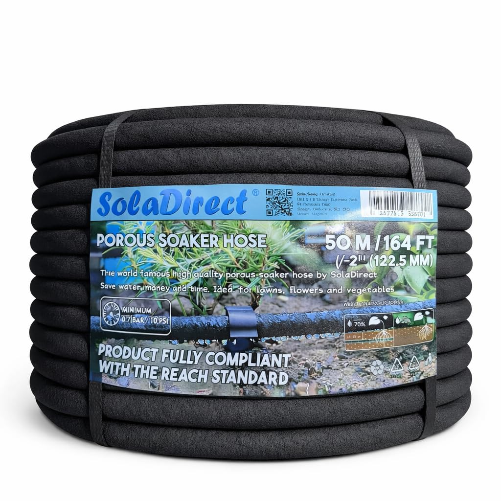 Soladirect Black Soaker Hose, Porous Pipe, 50 M / 164 Ft Long, Reach Compliant, Water Saving Up To 70%, Perfect For Lawns, Flowerbeds, Vegetable Gardens And Greenhouses