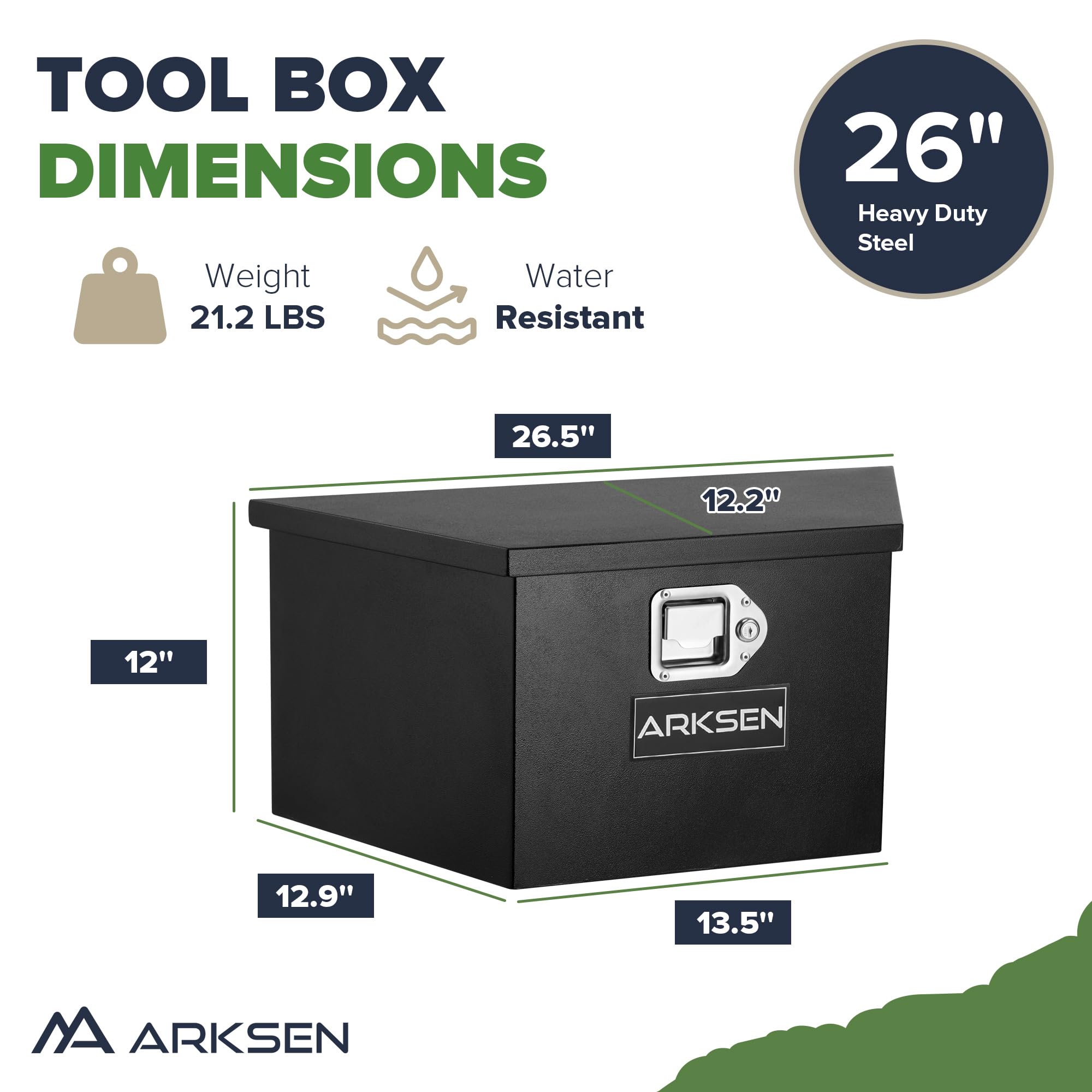 ARKSEN Werkzeugkasten für Anhänger, Zunge, Stahl, robust, wasserdicht, mit Schloss für Wohnmobilanhänger, Geländefahrzeuge und Nutzanhänger, 66,5 x 30,5 x 30,5 cm, Schwarz