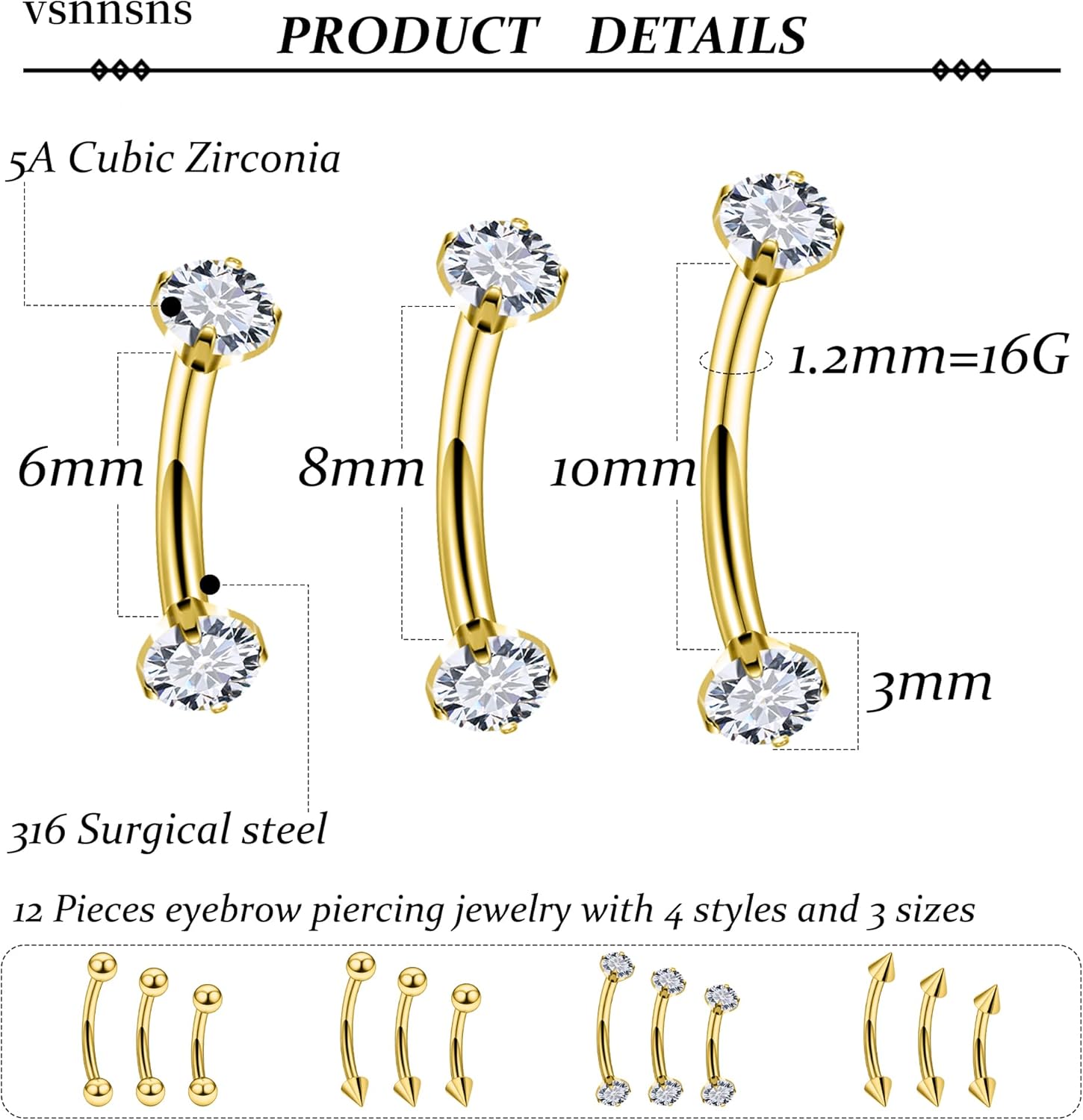 Vsnnsns Rook Daith Piercing Jewelry 16G Stainless Surgical Steel Curved Barbell Eyebrow Rings Vertical Labret Lip Piercing Jewelry Rook Daith Earrings for Women Men 6MM 8MM 10MM Hypoallergenic - Image 3