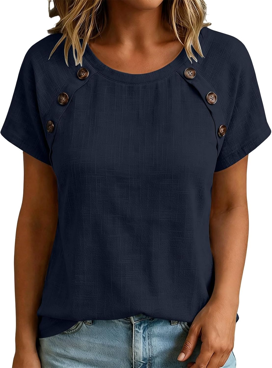 Womens Crew Neck Linen T Shirts Comfy Short Sleeve Button Tunic Tops Solid Color Loose Fit Fashion Summer Tees
