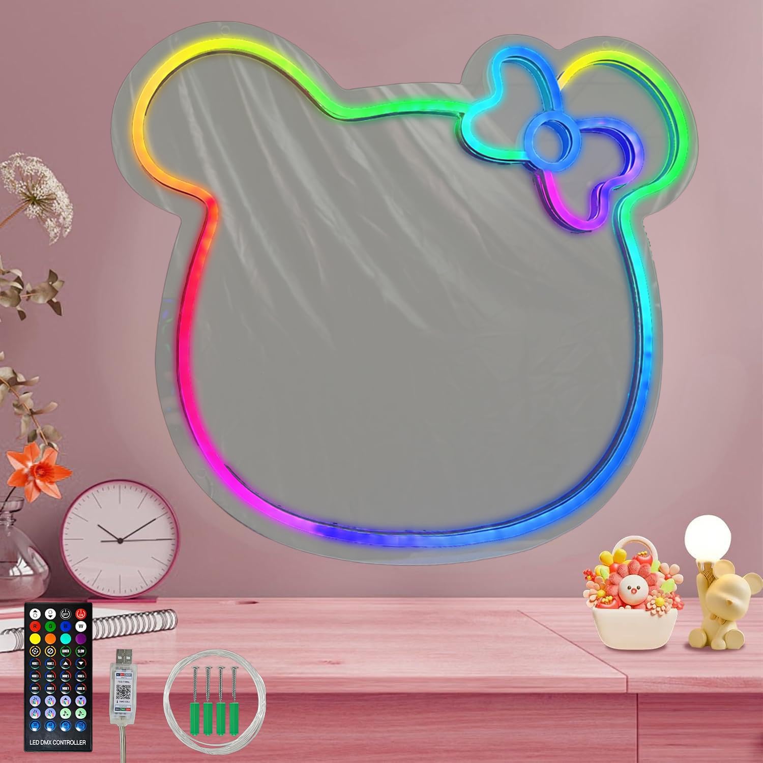 Espejo de maquillaje de gato de anime con iluminación, espejo de mesa con luz de neón RGB, espejo cosmético regulable con LED, espejo de pared de maquillaje, decoración, letrero de neón para