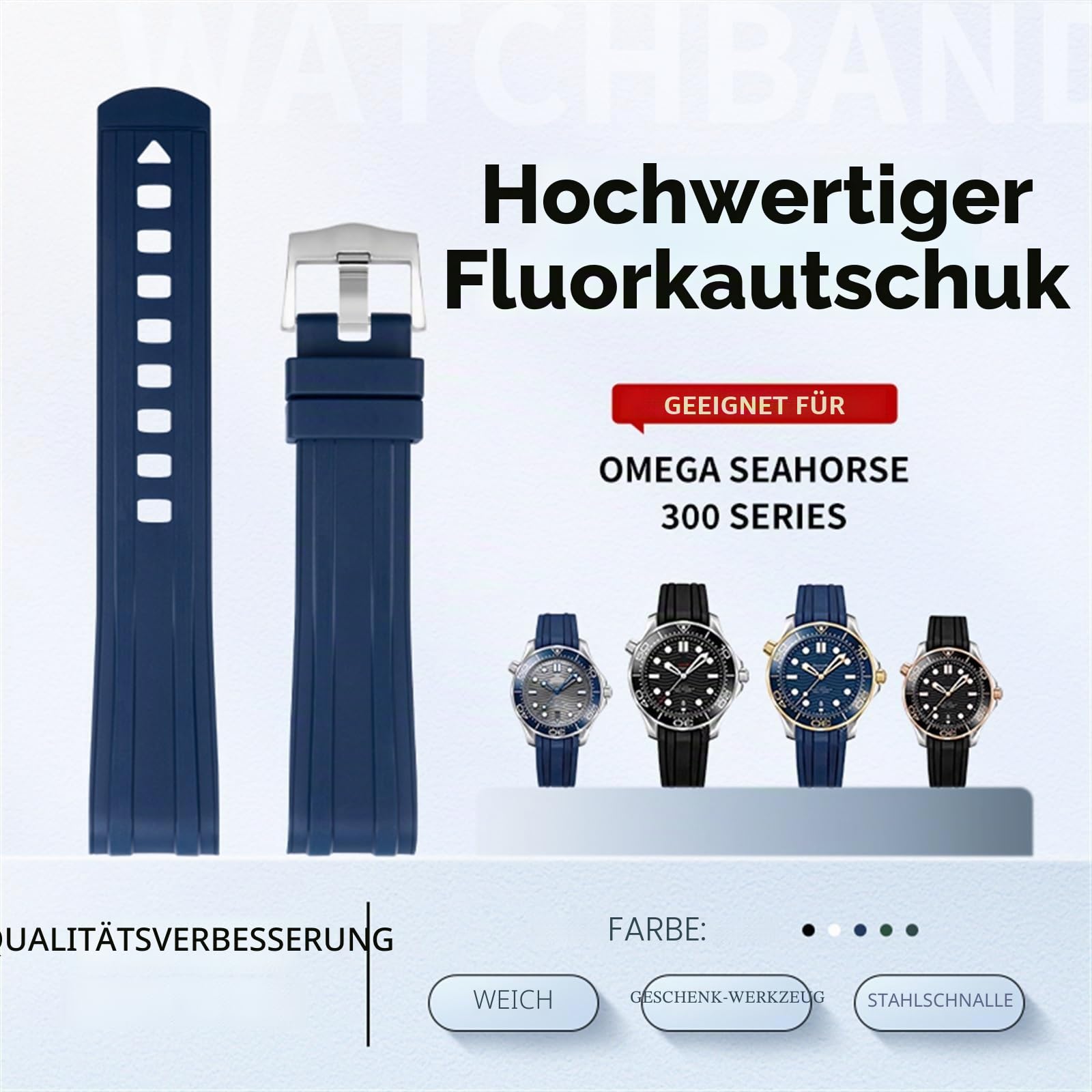 TOPBD Für Omega Seamaster 300 Taucherarmbänder mit Dornschließe, 20 mm, gebogenes Ende, hochwertiges Fluoro-Gummi-Uhrenarmband, FKM Herrenuhrenarmbänder