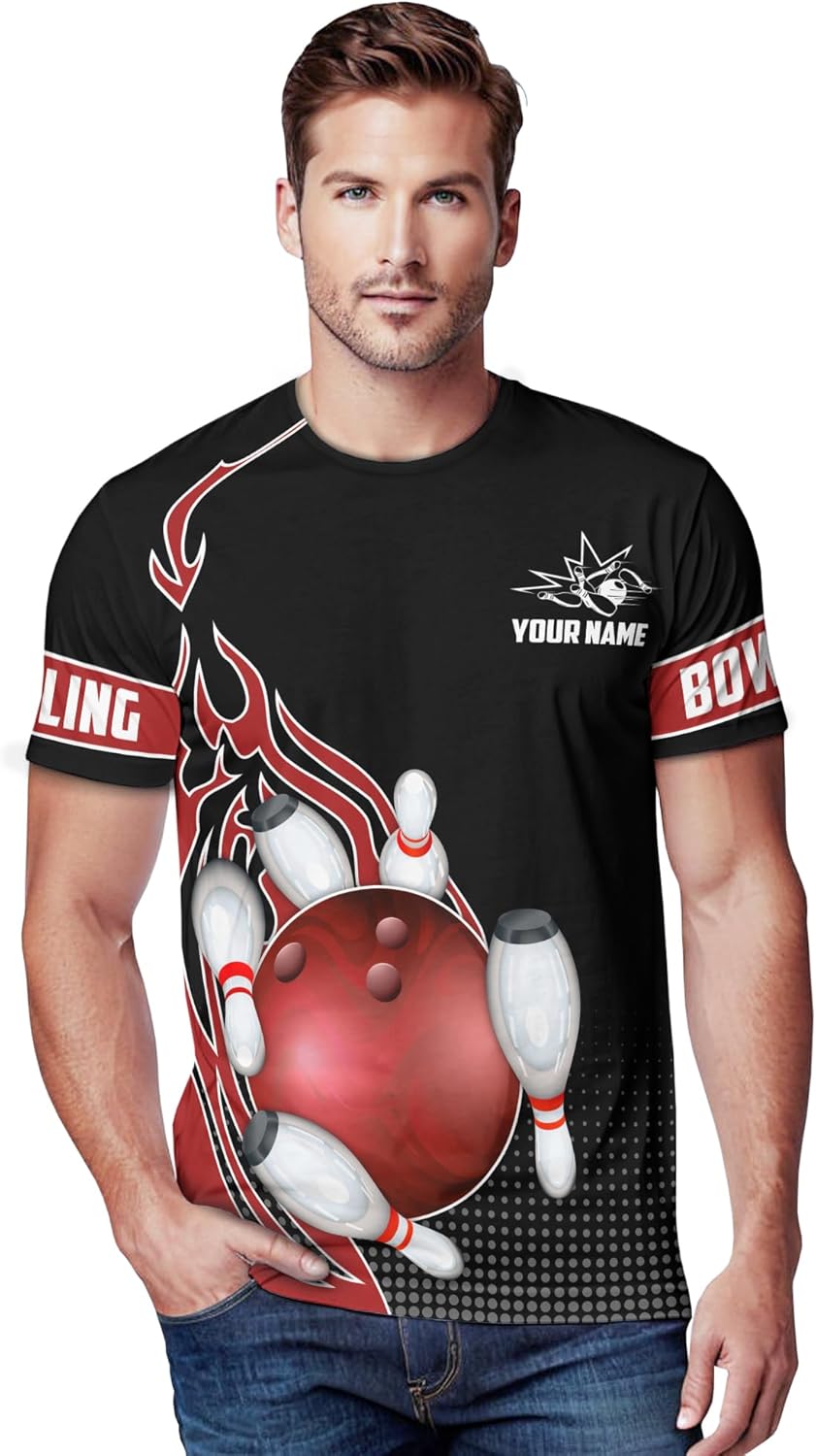 Generic Men's Bowling Tshirt Personalized Moire Red Fire Bowling Ball T Shirt Print Bowling Related Clothes, Black