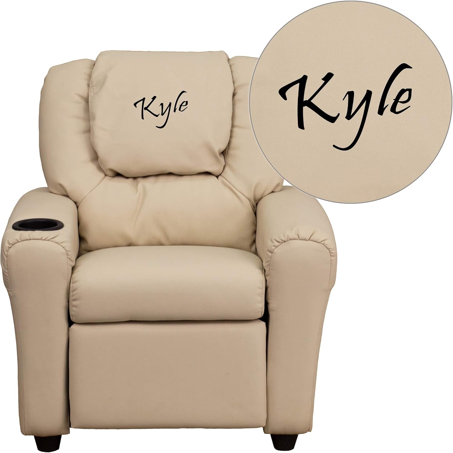 Flash Furniture Personalized Vinyl Kids Recliner with Cup Holder and Headrest, Beige