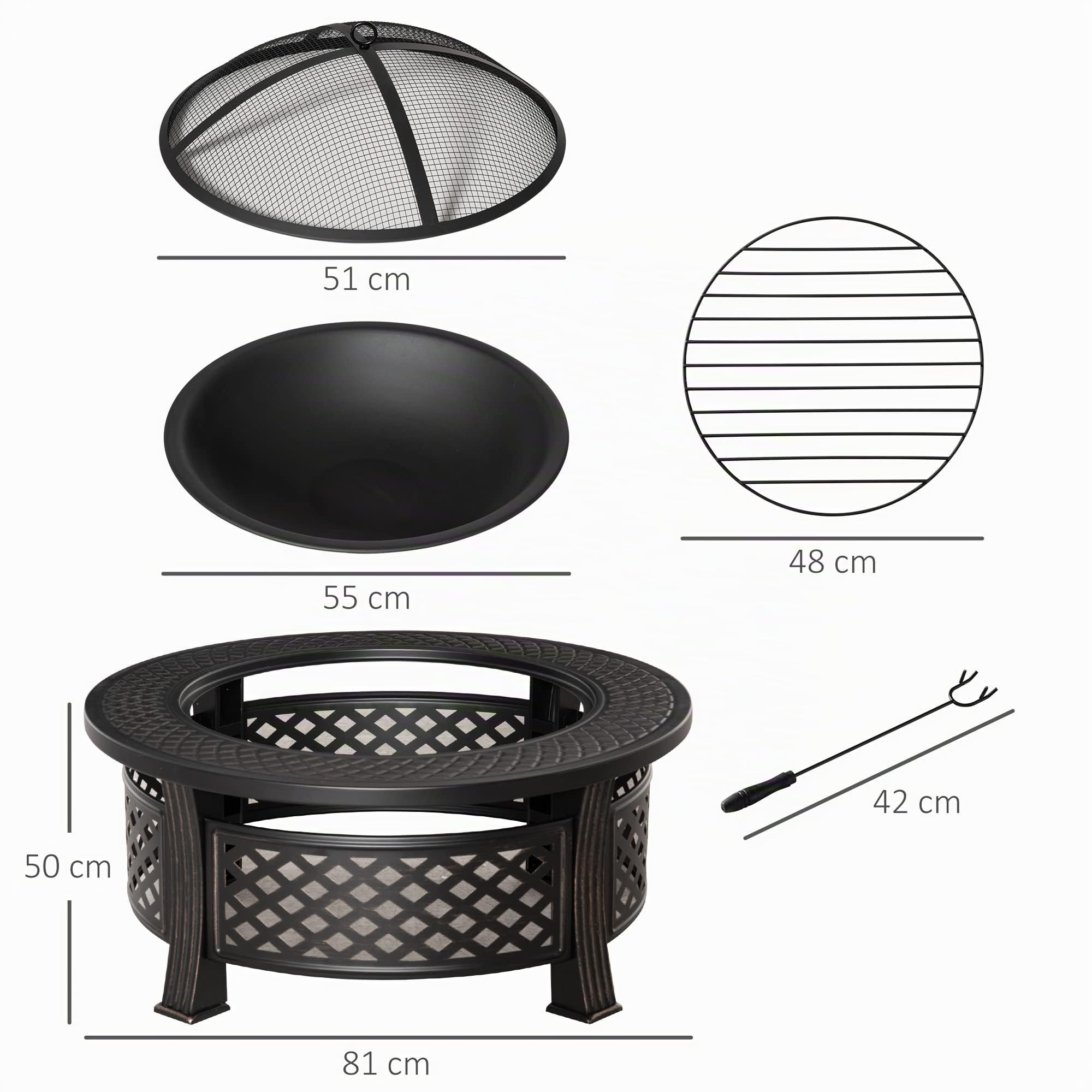 Outsunny Feuerschale mit Schürhaken Funkenschutz 81 x 81 x 50 cm Schwarz | Feuerkorb, Feuertisch, Runde Feuerstelle, für Garten Camping BBQ, Stahl