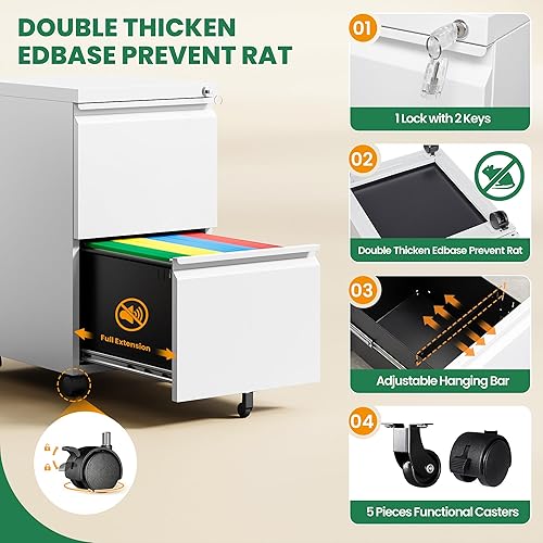 Miniatura 26 de Archivador móvil de 3 cajones con cerradura, archivador debajo del escritorio para oficina en casa, archivadores de metal sobre ruedas para archivo