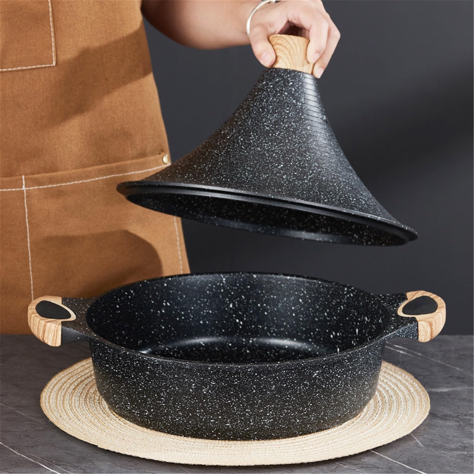 Großes Fassungsvermögen Tajine Topf Zum Kochen Keramik Auflaufform Tagine Marokko Mit Holzgriff, Zum Langsamen Garen, Feuchtigkeit Bewahren(5.8L)