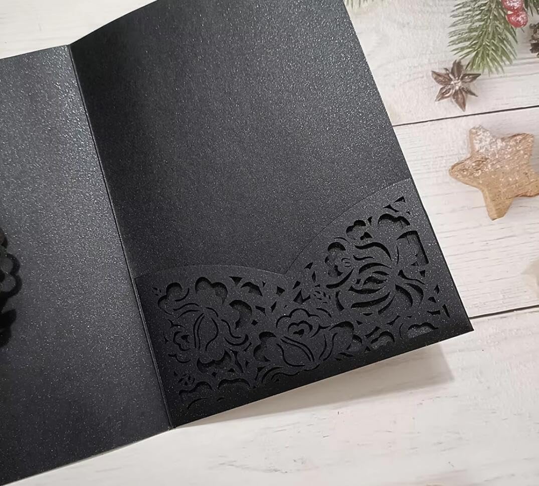 50 Pieces Red Shimmer Rose Floral Laser Cut Paper Invitation Card For Wedding Quinceanera Invitation Jacket (Black)