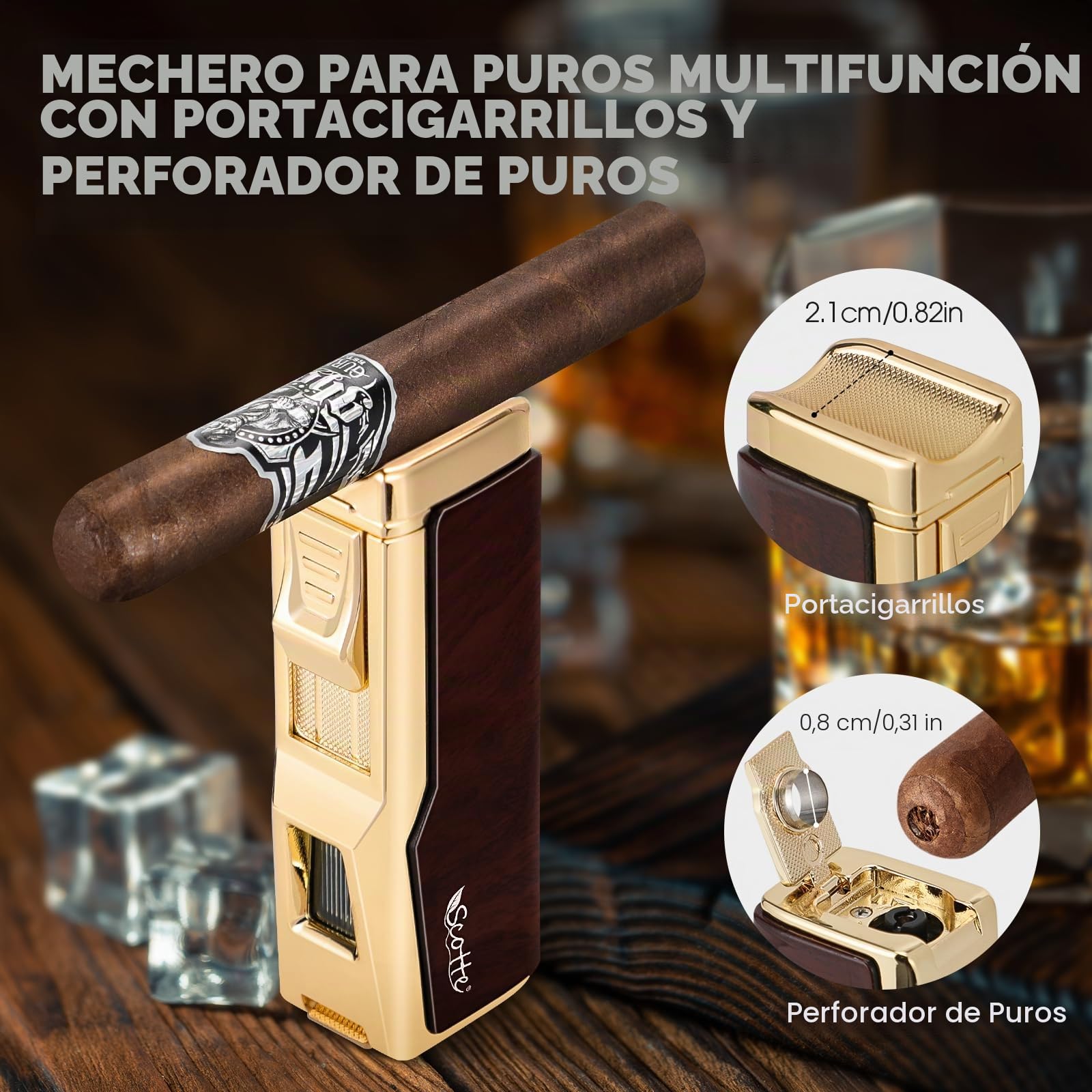 Scotte Cajas de Puros, encendedores de Puros, Cajas de Puros de Cuero con humidificadores e higrómetros, encendedores de butano con Punzones para Puros, portapuros (sin butano)