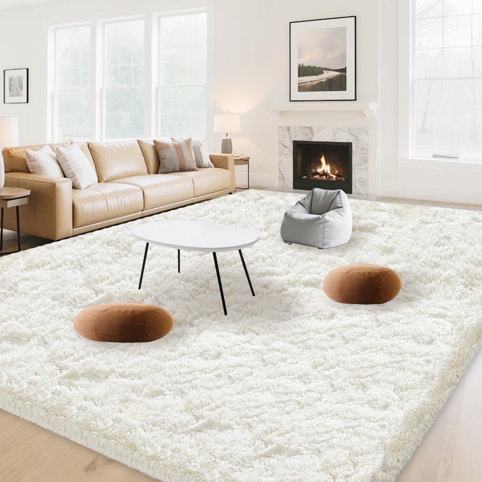 OuTanTe Hochflor Teppich Wohnzimmer 240x300cm, Creme Shaggy Flauschig Teppich, Kuschelteppich Wohnzimmerteppich High-Pile Carpet rutschfest, Modern Extra Groß Teppiche für Schlafzimmer Kinderzimmer