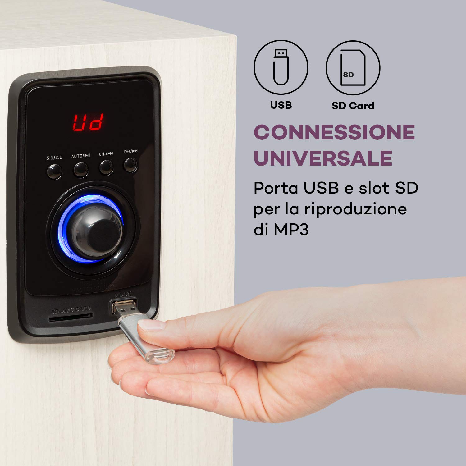 AUNA Areal Elegance - Home Theater 5.1, Impianto Surround a 5.1 Canali, Home Cinema, Potenza: 190 Watt RMS, Subwoofer: 5", 5 Altoparlanti Satellite (3"+5"), Bluetooth, USB/SD, Effetto Legno Chiaro