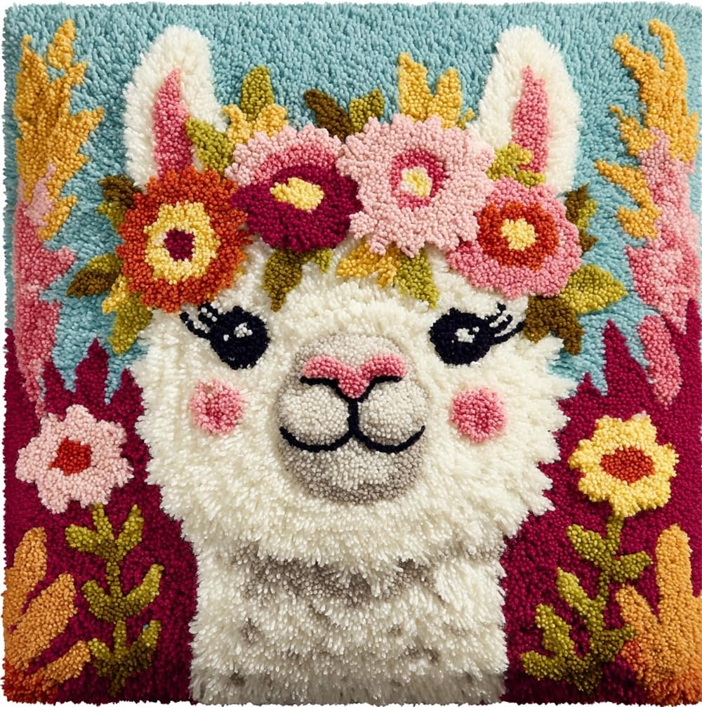 FWRTYCB Latch Hook Kits for Adults Beginners Alpaca and Flowers Pillow Sof