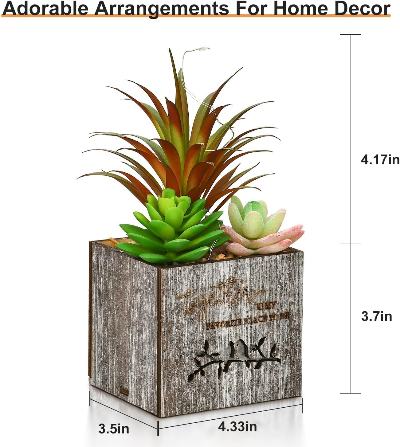 Fake Plants Succulent Plants Artificial in Pots with LED Lights Small Fake Succulents Plants Set of 3 Mini Faux Potted Succulents Plants in Wooden Box for Home Office Decoration